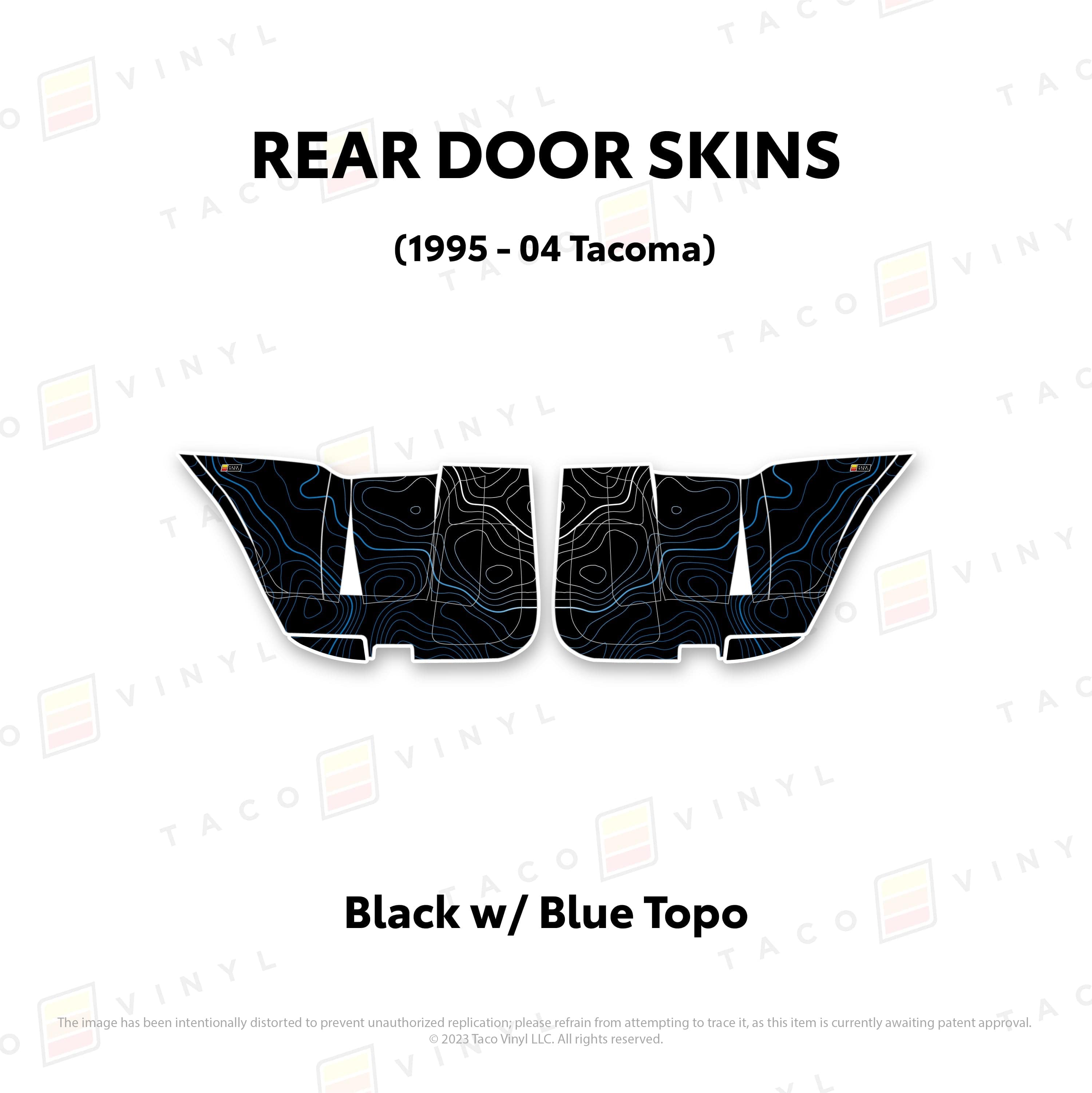 Taco Vinyl Protective Vinyl Rear Driver/Passenger / Black w/Blue Scheme Topo 2010-24 4Runner Door Skins (Lower Section)