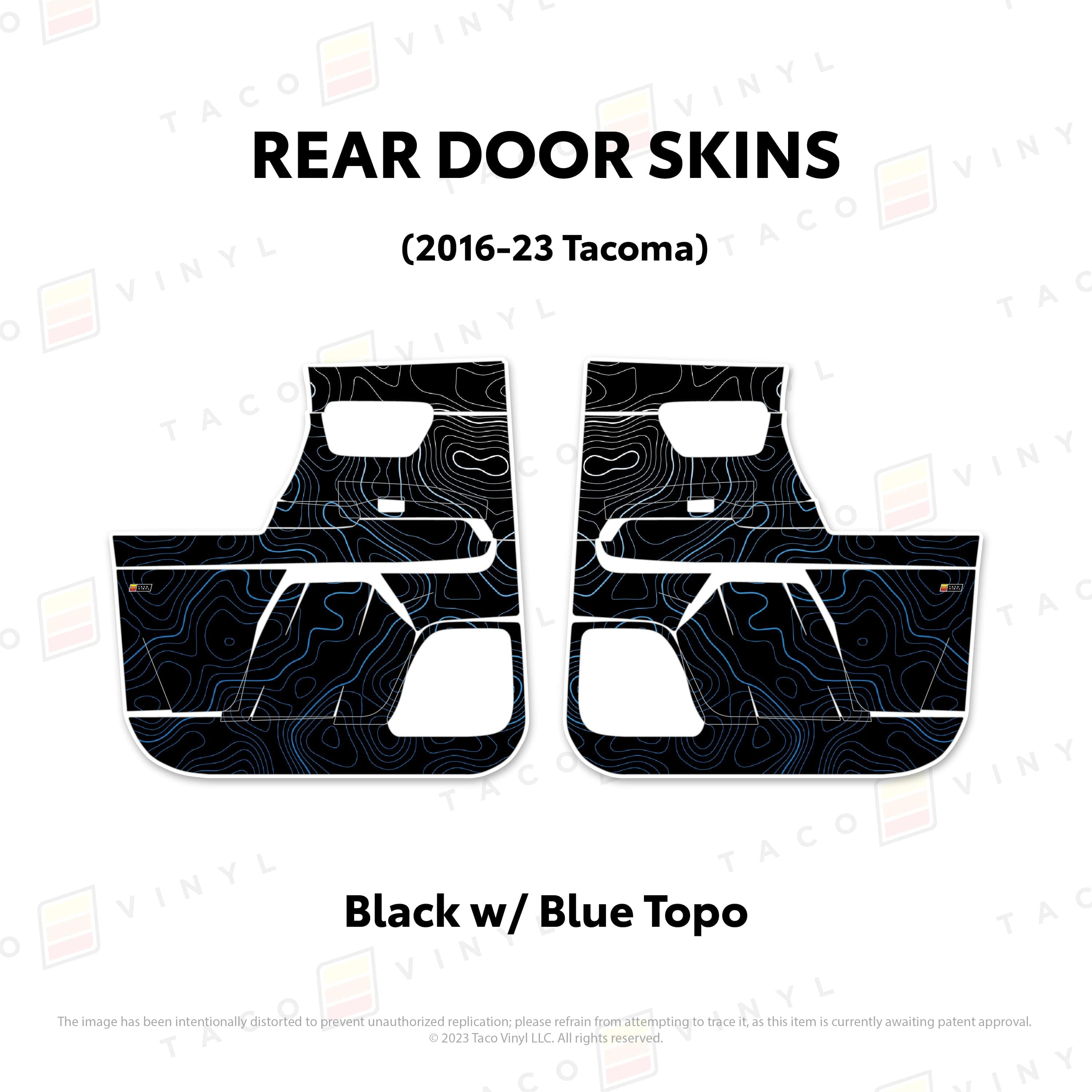 Taco Vinyl Protective Vinyl Rear Driver/Passenger / Black w/Blue Scheme Topo 2016-23 Tacoma Door Skins