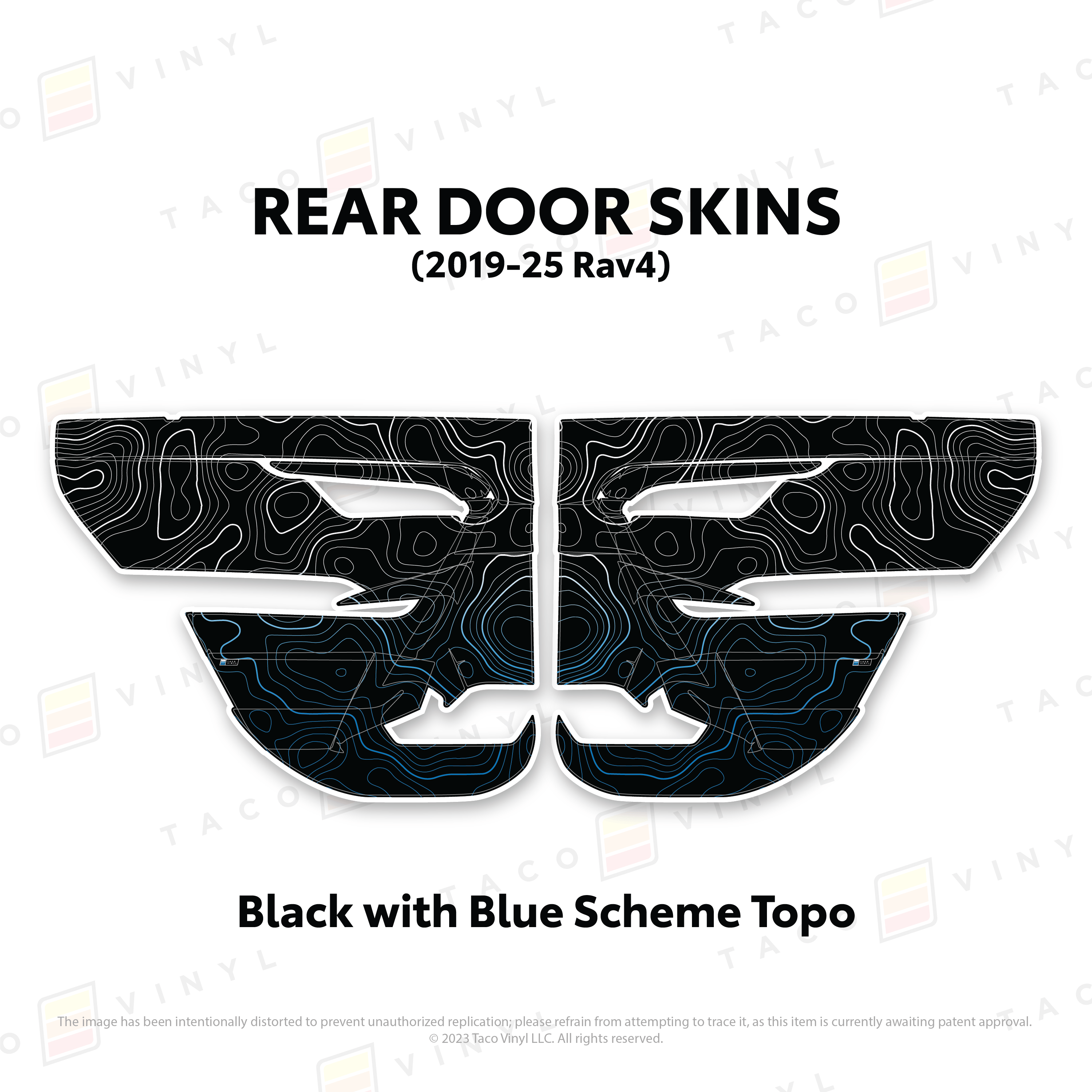 Taco Vinyl Protective Vinyl Rear Driver/Passenger / Black w/Blue Scheme Topo 2019-25 Rav4 Door Skins