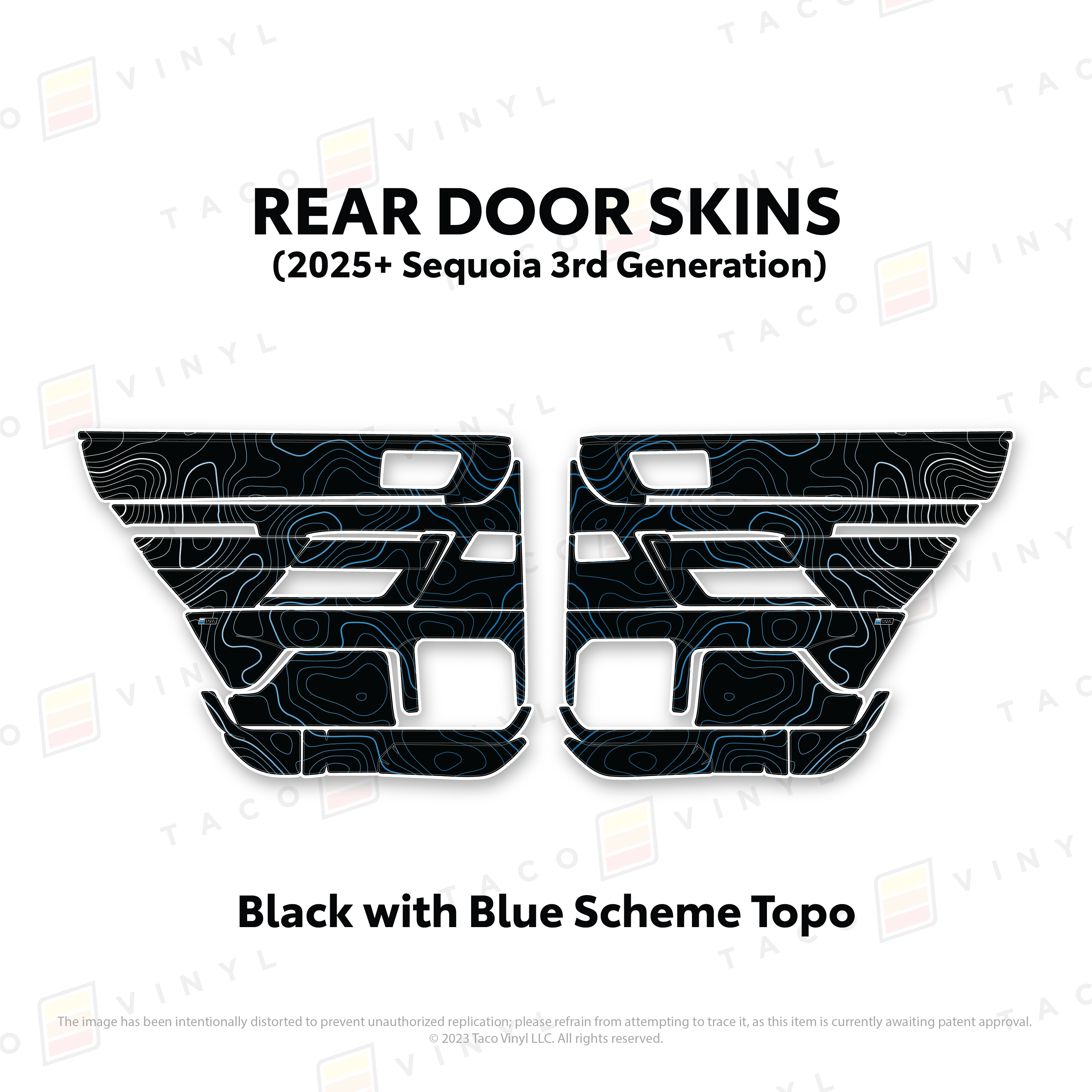 Taco Vinyl Protective Vinyl Rear Driver/Passenger / Black w/Blue Scheme Topo 2023+ Sequoia Door Skins