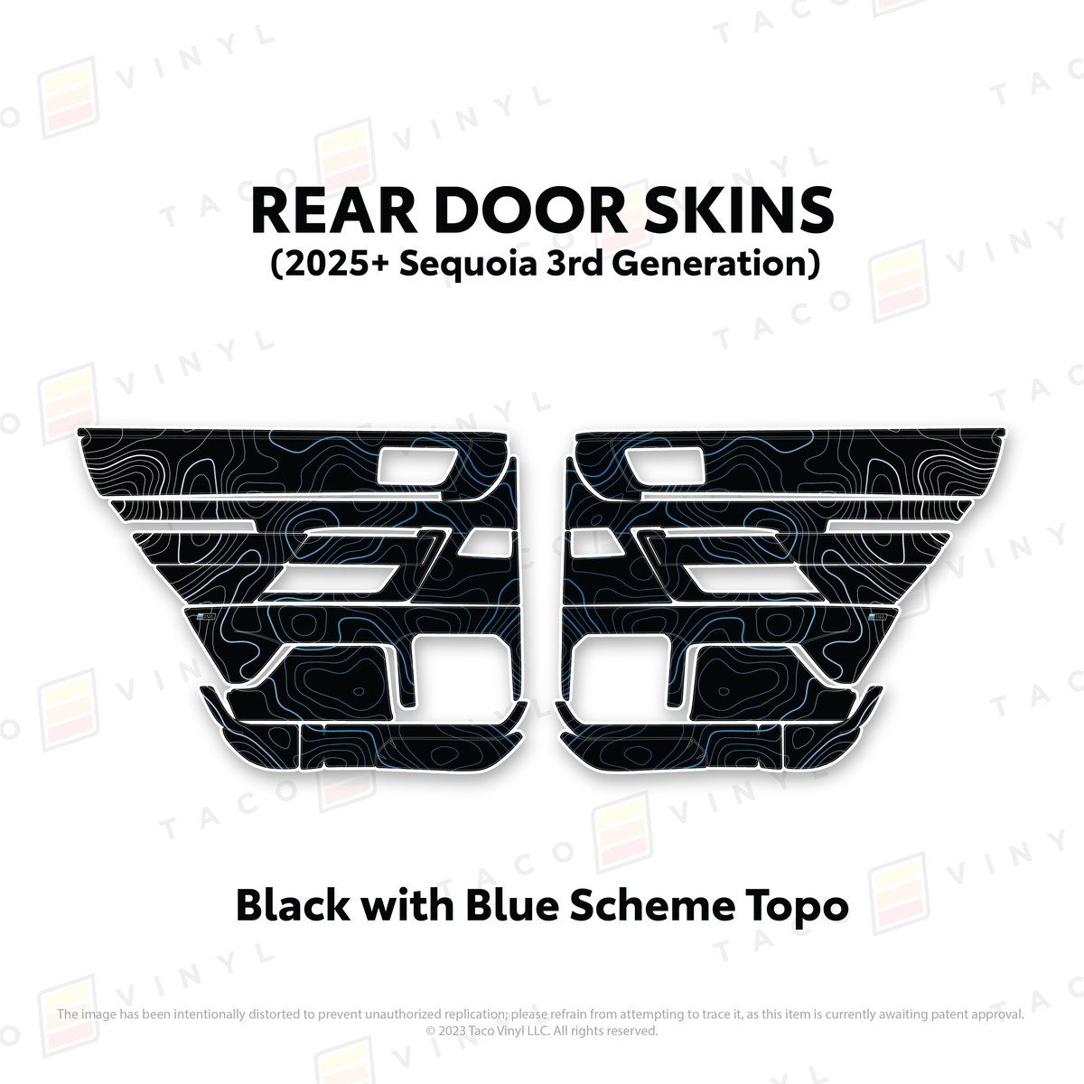 Taco Vinyl Protective Vinyl Rear Driver/Passenger / Black w/Blue Scheme Topo 2023+ Sequoia Door Skins