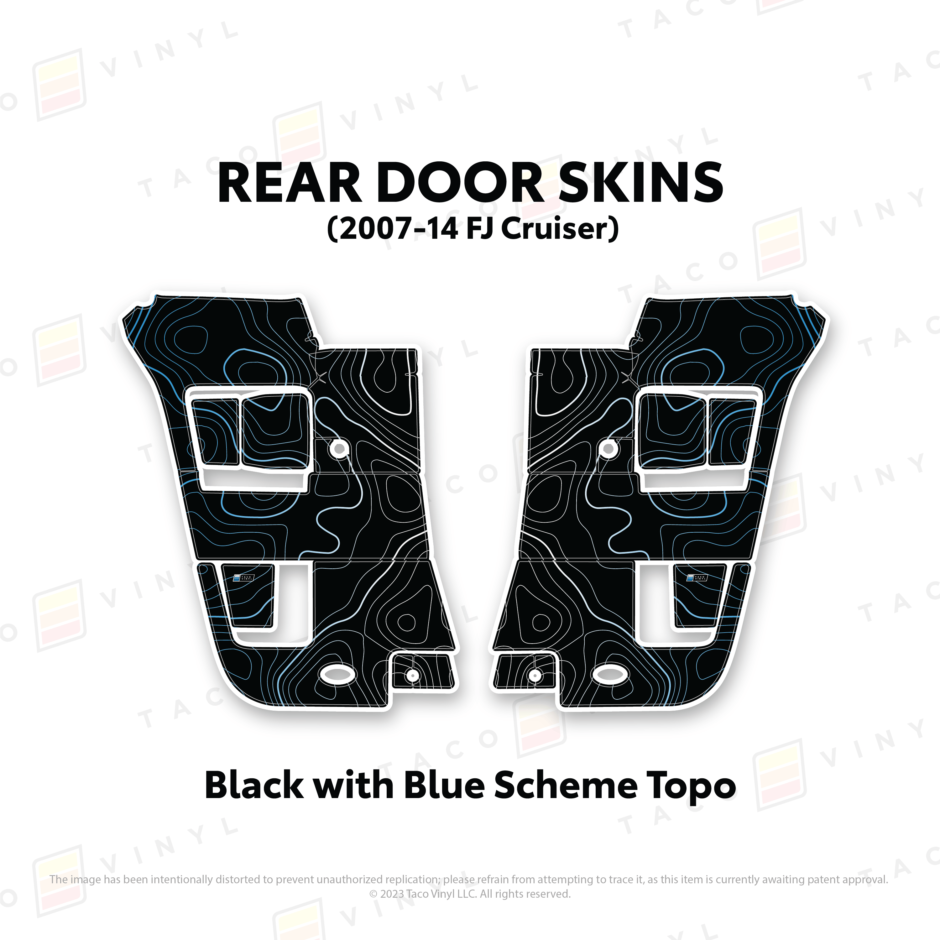 Taco Vinyl Protective Vinyl Rear Driver/Passenger / Black w/ Blue Scheme Topo FJ Cruiser Door Skins