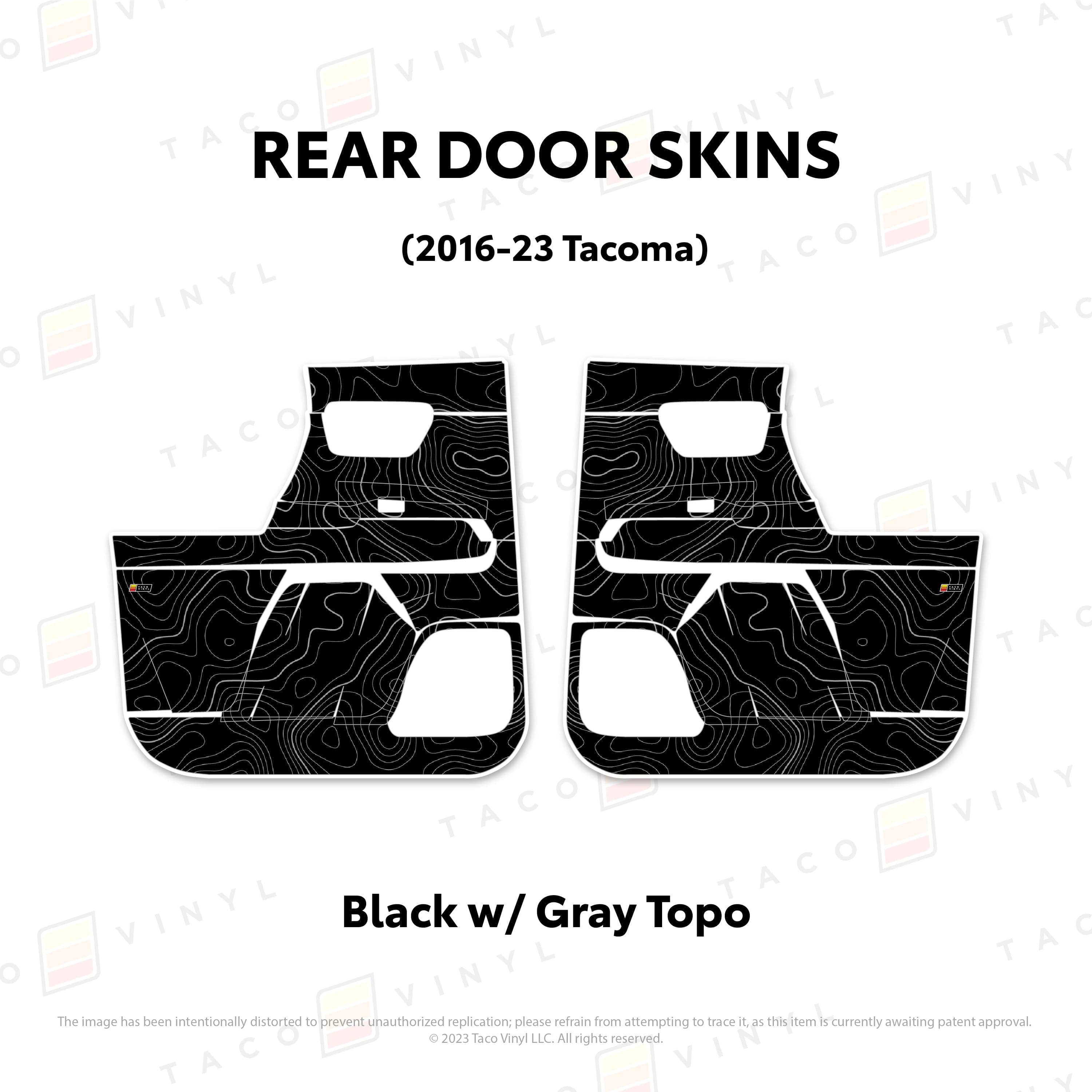 Taco Vinyl Protective Vinyl Rear Driver/Passenger / Black w/Gray Scheme Topo 2016-23 Tacoma Door Skins