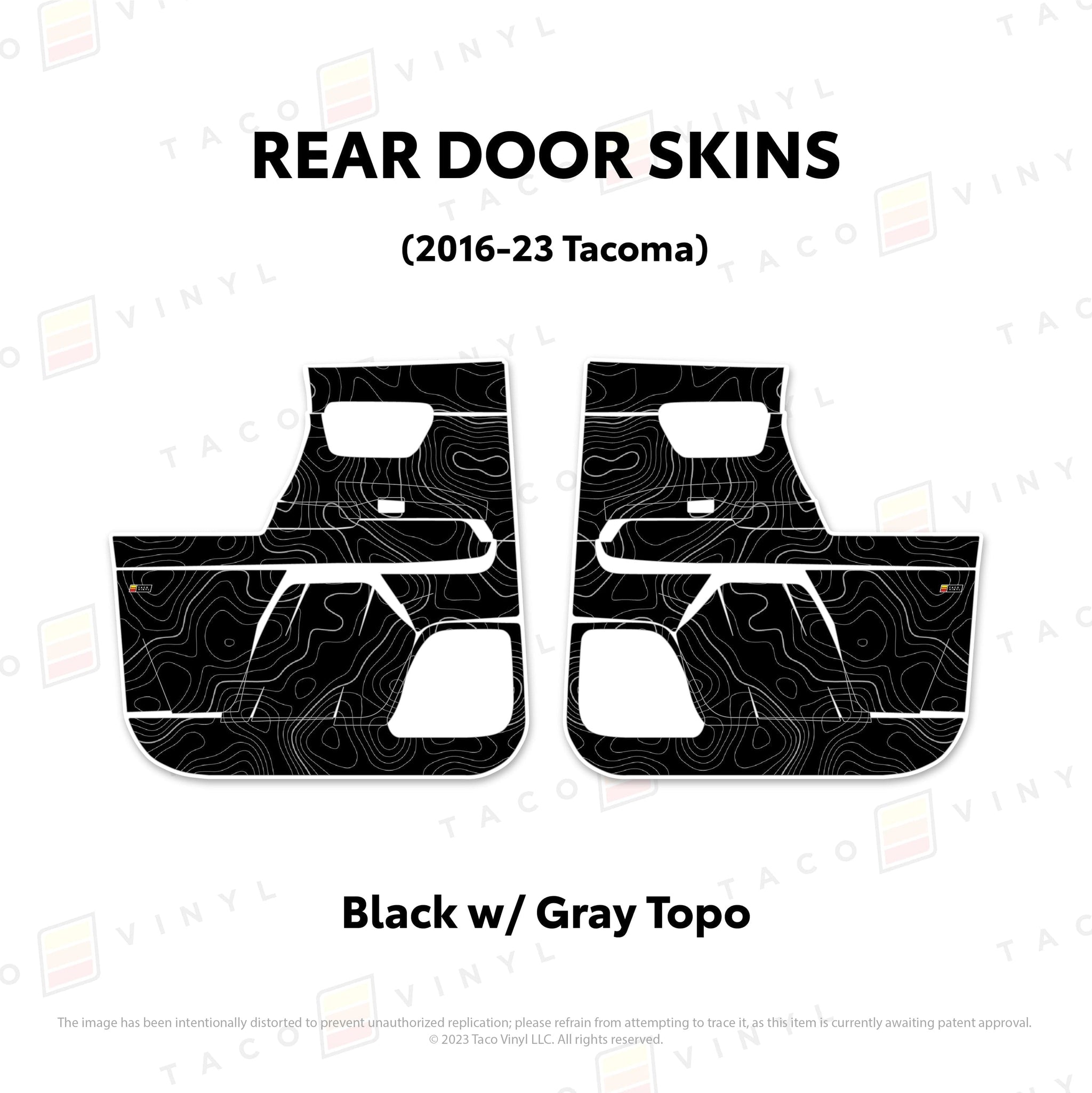 Taco Vinyl Protective Vinyl Rear Driver/Passenger / Black w/Gray Scheme Topo 2016-23 Tacoma Door Skins