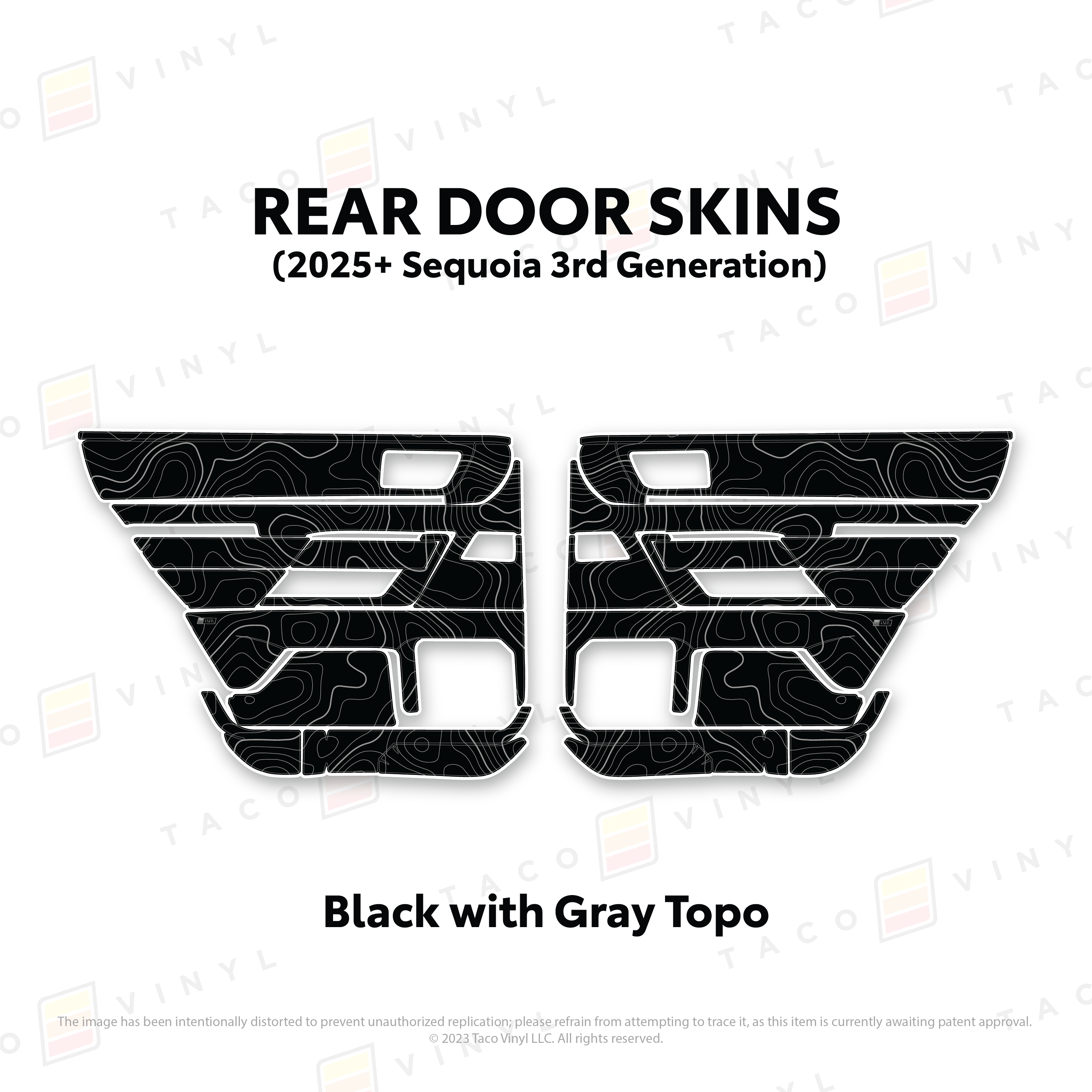 Taco Vinyl Protective Vinyl Rear Driver/Passenger / Black w/Gray Topo 2023+ Sequoia Door Skins