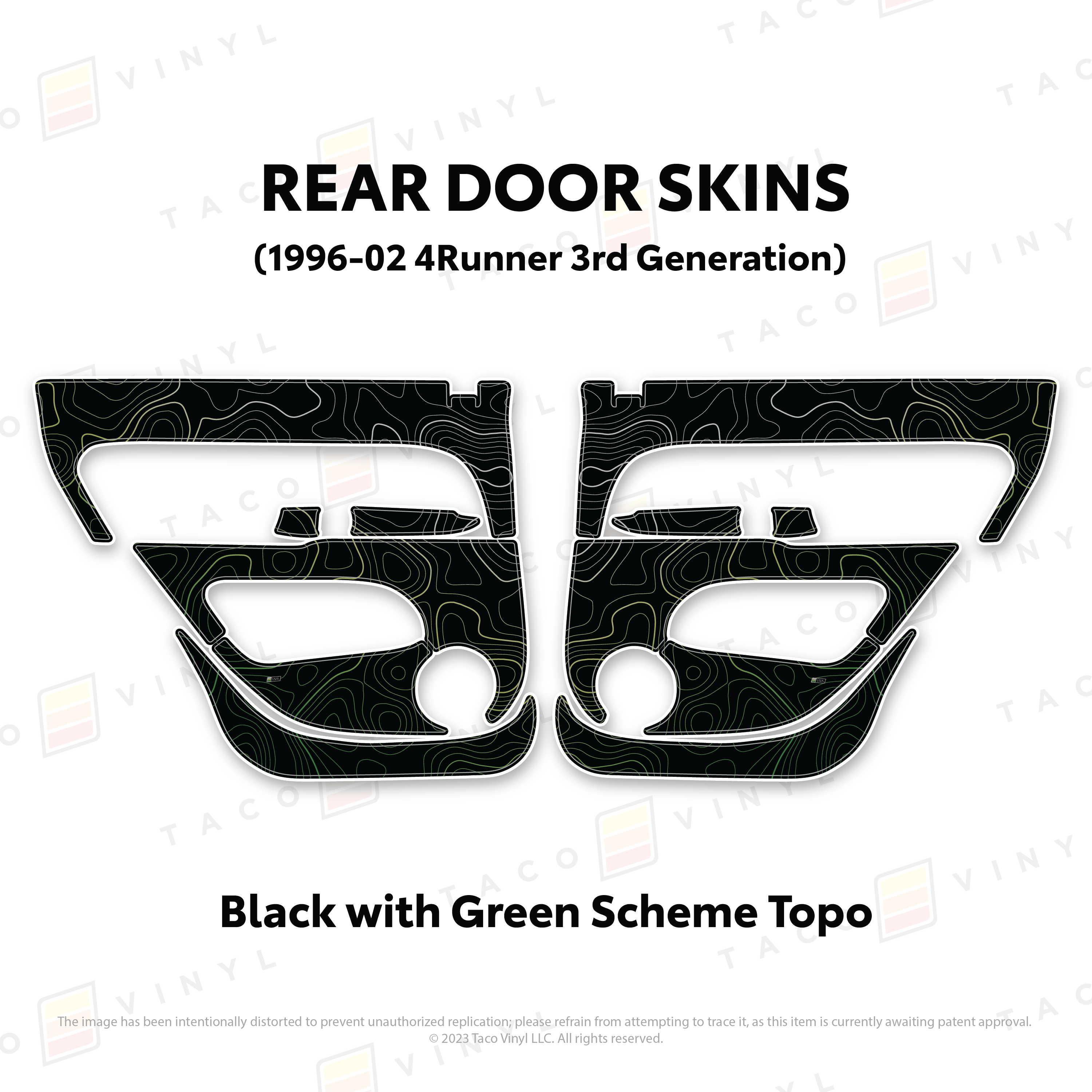 Taco Vinyl Protective Vinyl Rear Driver/Passenger / Black w/Green Scheme Topo 1996-2002 4Runner Door Skins