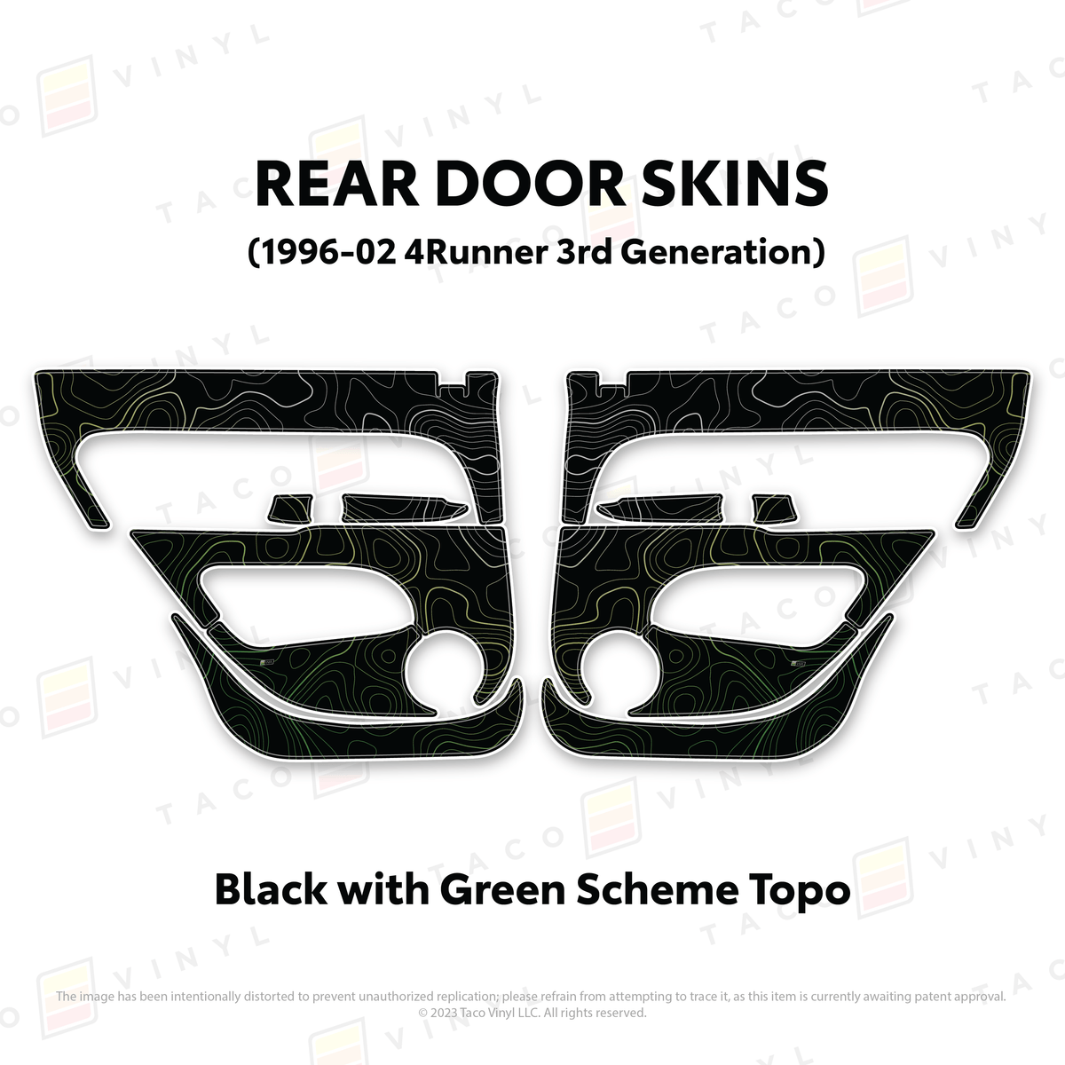 Taco Vinyl Protective Vinyl Rear Driver/Passenger / Black w/Green Scheme Topo 1996-2002 4Runner Door Skins