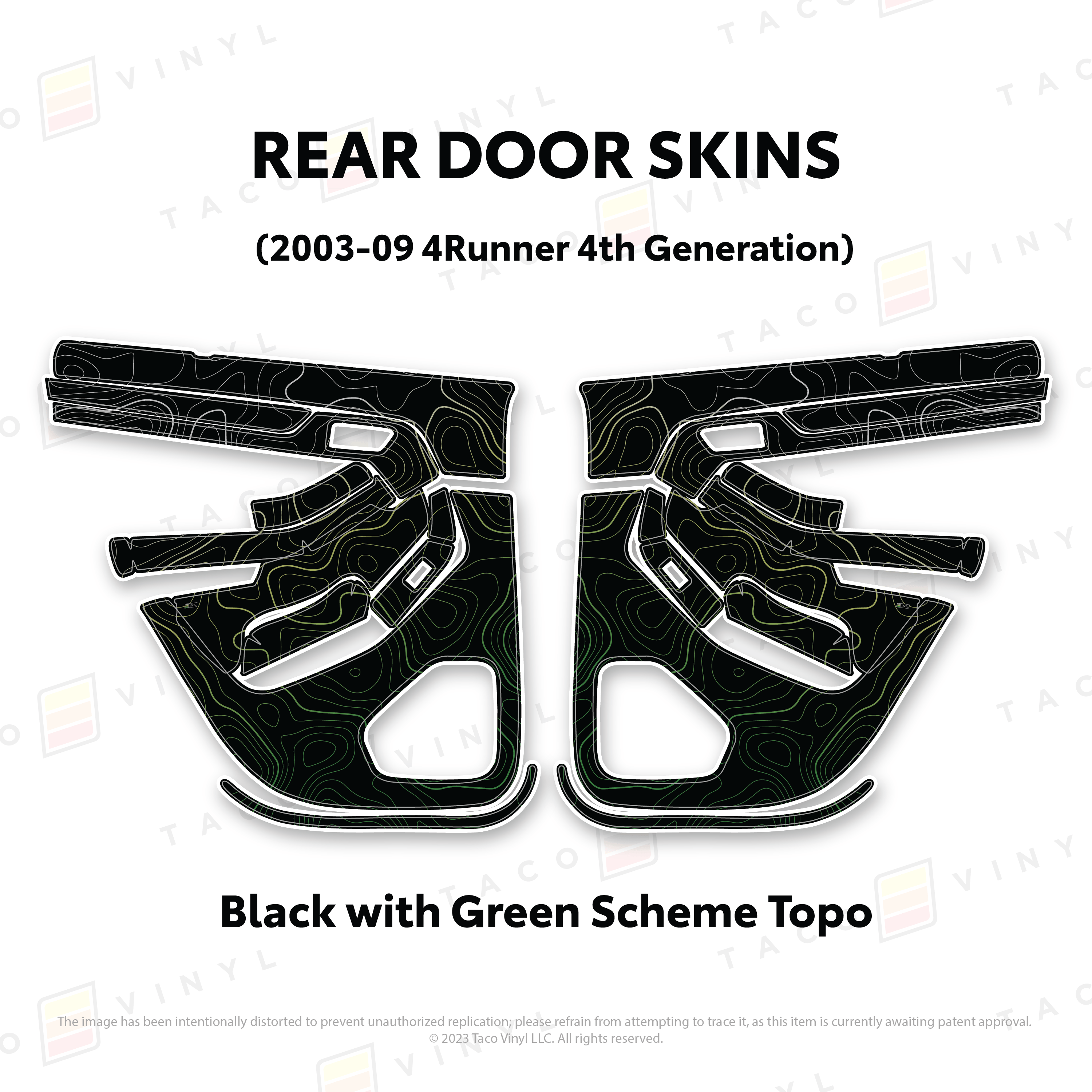 Taco Vinyl Protective Vinyl Rear Driver/Passenger / Black w/Green Scheme Topo 2003-2009 4Runner Door Skins
