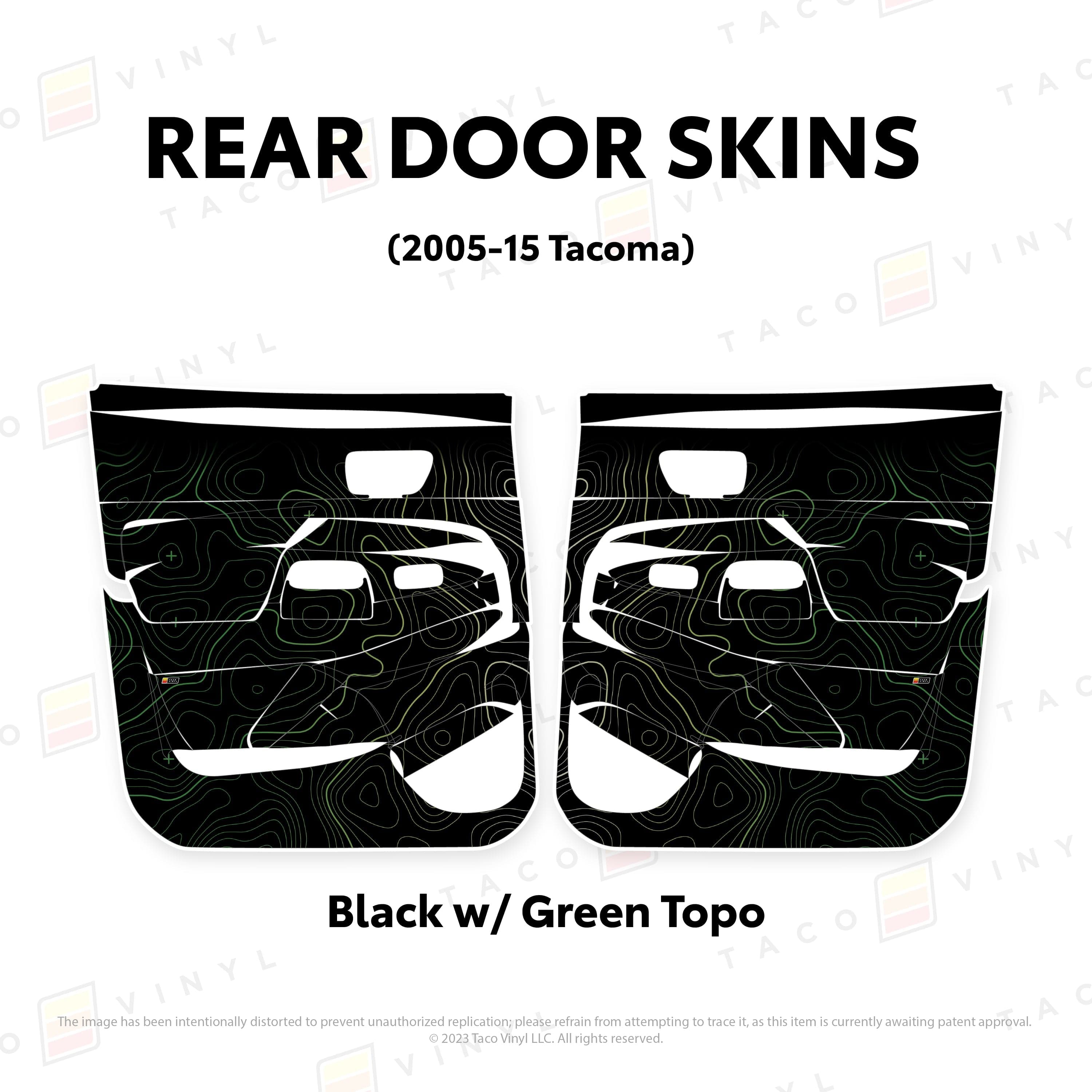 Taco Vinyl Protective Vinyl Rear Driver/Passenger / Black w/Green Scheme Topo 2005-15 Tacoma Door Skins