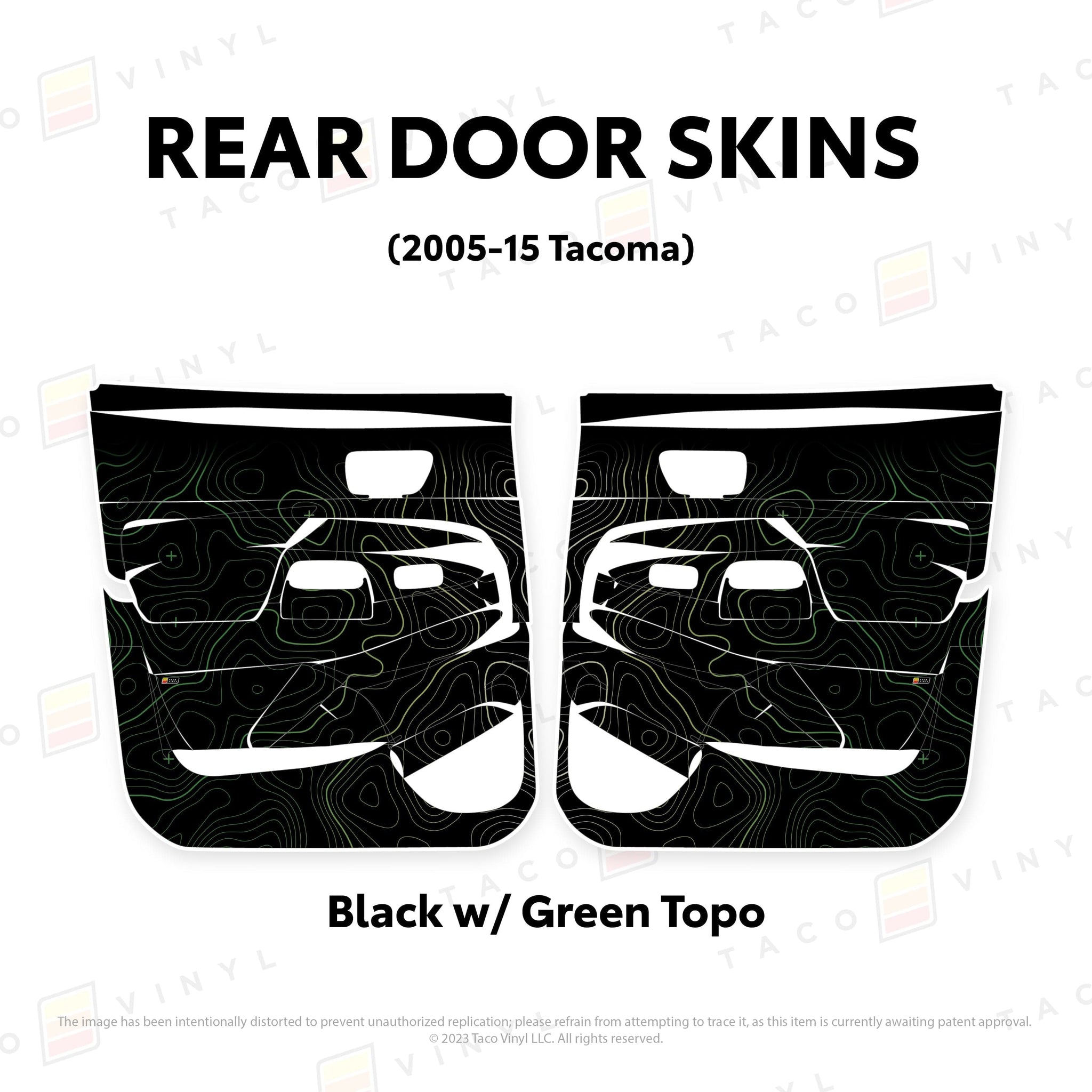 Taco Vinyl Protective Vinyl Rear Driver/Passenger / Black w/Green Scheme Topo 2005-15 Tacoma Door Skins