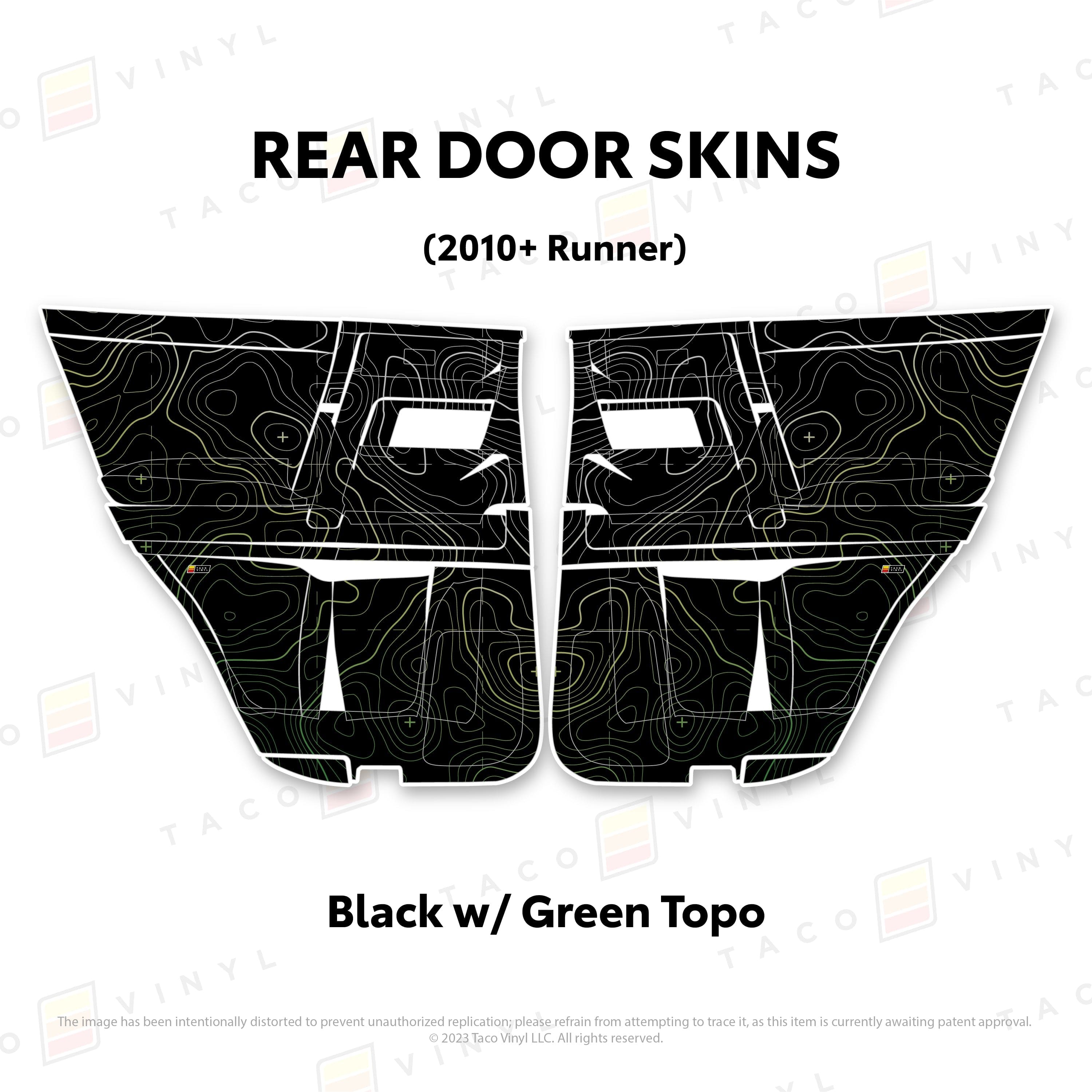 Taco Vinyl Protective Vinyl Rear Driver/Passenger / Black w/Green Scheme Topo 2010-24 4Runner Door Skins