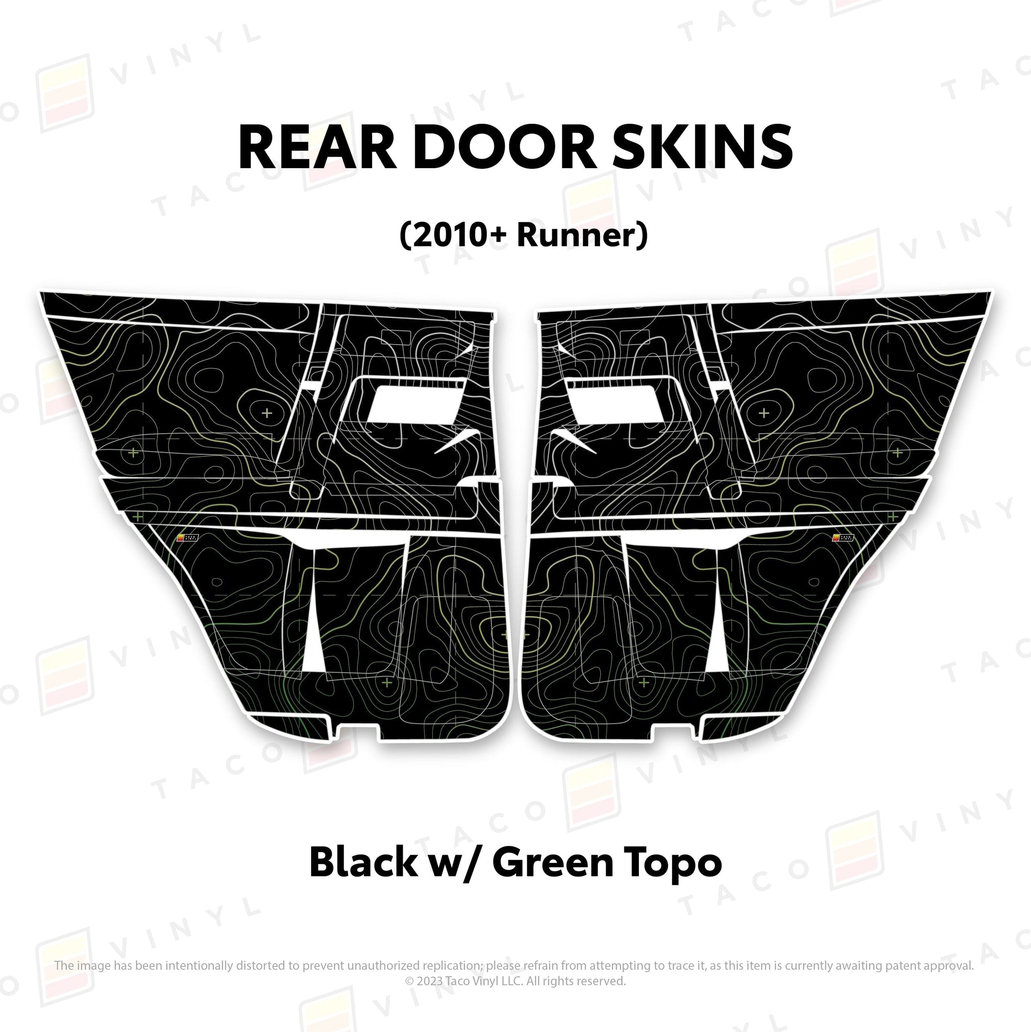 Taco Vinyl Protective Vinyl Rear Driver/Passenger / Black w/Green Scheme Topo 2010-24 4Runner Door Skins