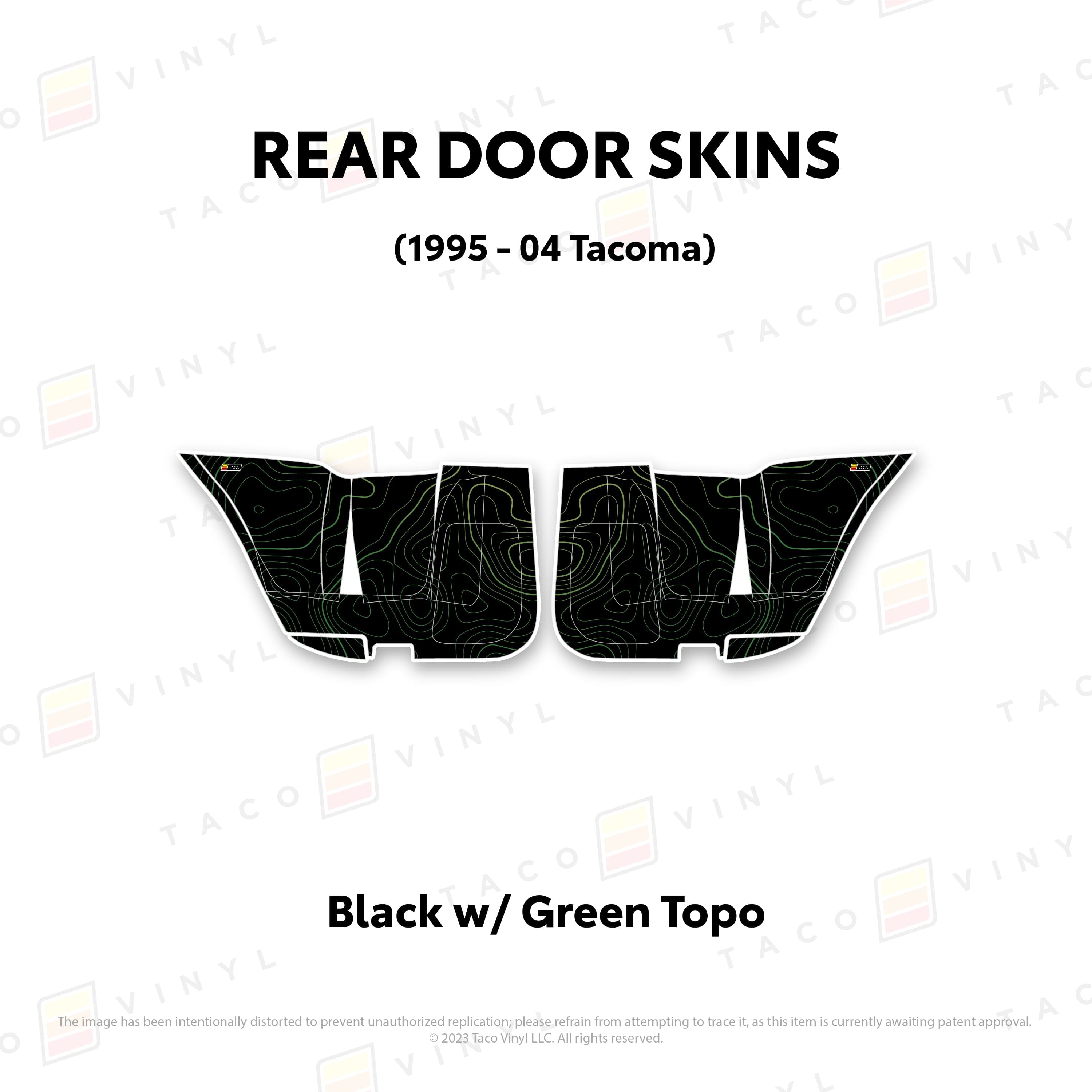 Taco Vinyl Protective Vinyl Rear Driver/Passenger / Black w/Green Scheme Topo 2010-24 4Runner Door Skins (Lower Section)