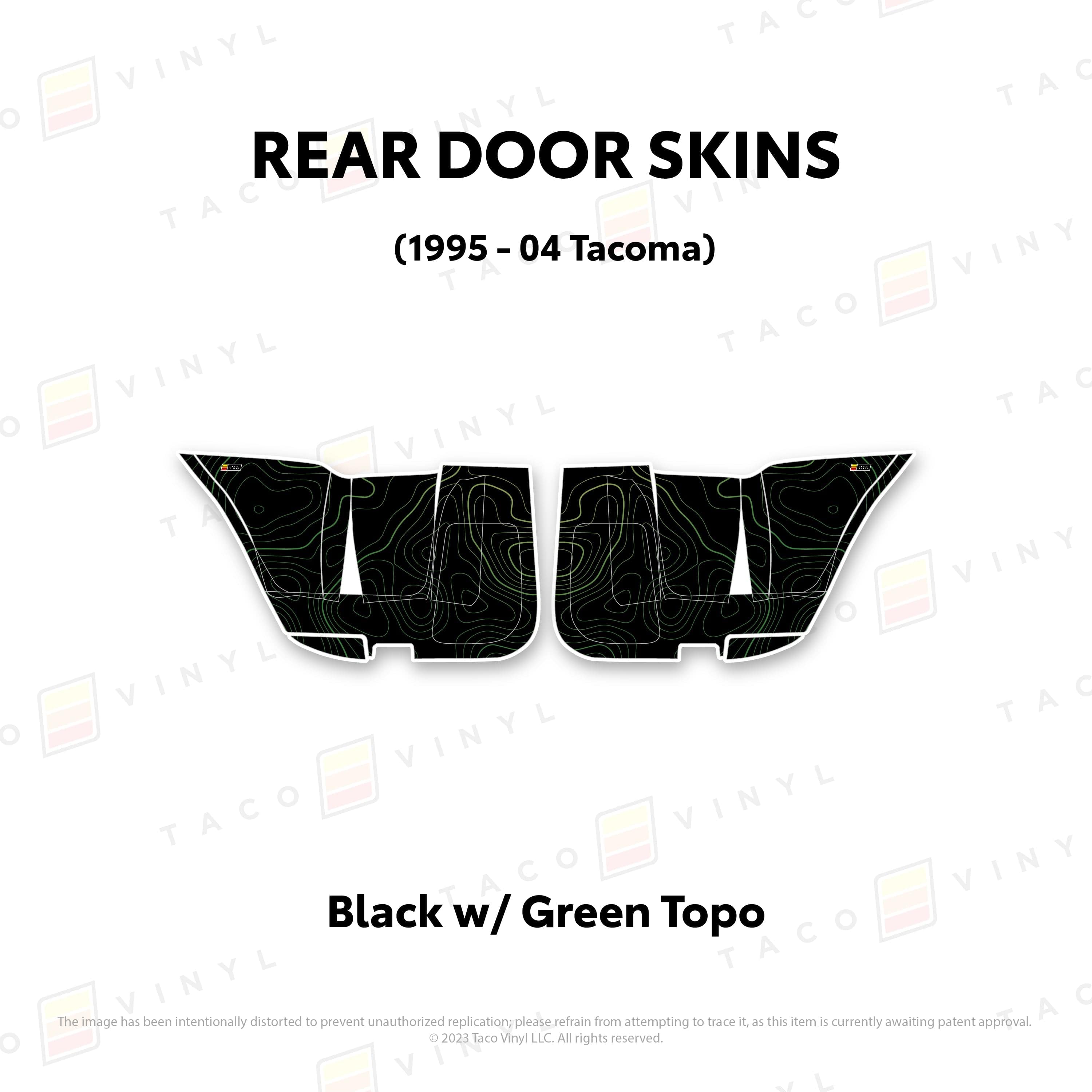 Taco Vinyl Protective Vinyl Rear Driver/Passenger / Black w/Green Scheme Topo 2010-24 4Runner Door Skins (Lower Section)