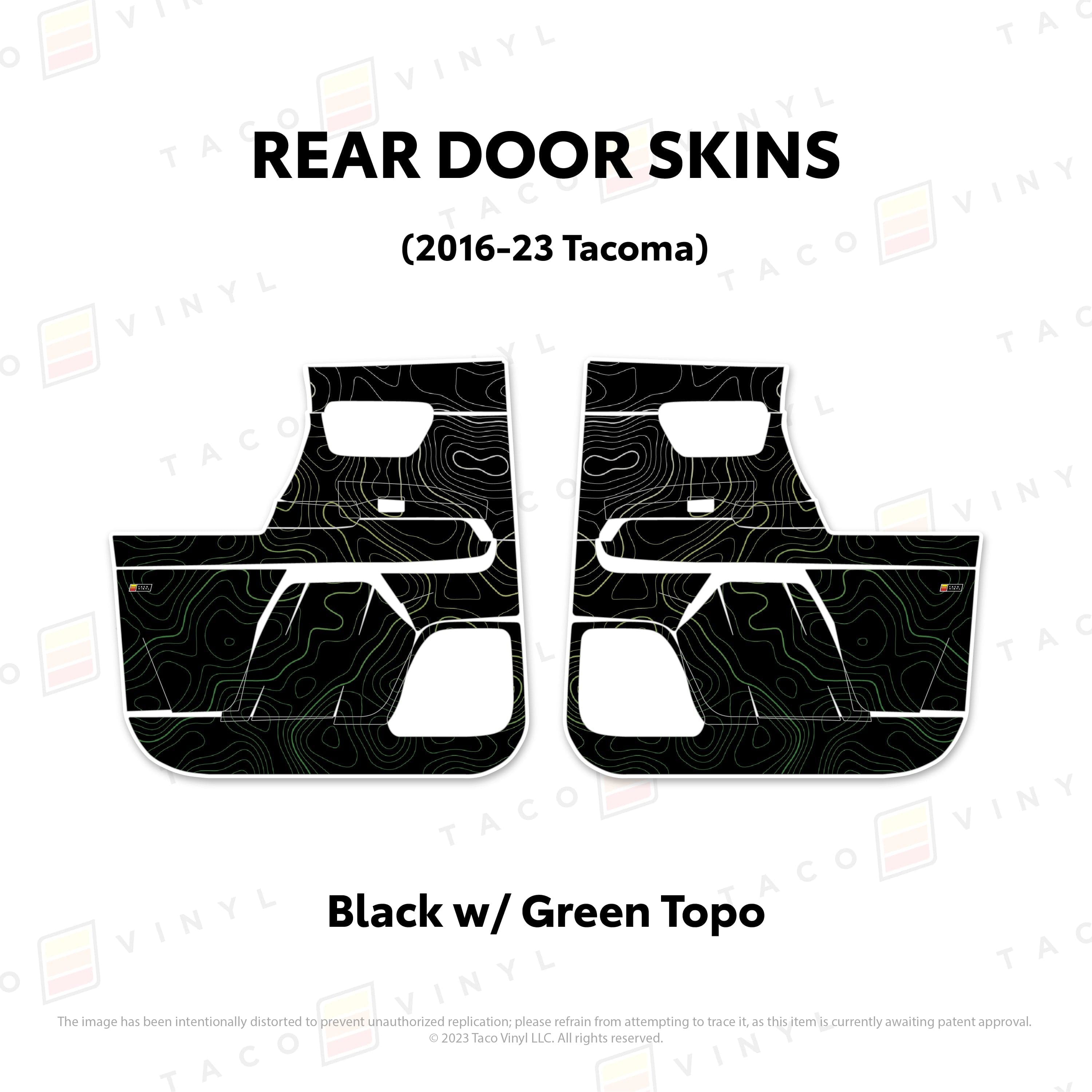 Taco Vinyl Protective Vinyl Rear Driver/Passenger / Black w/Green Scheme Topo 2016-23 Tacoma Door Skins