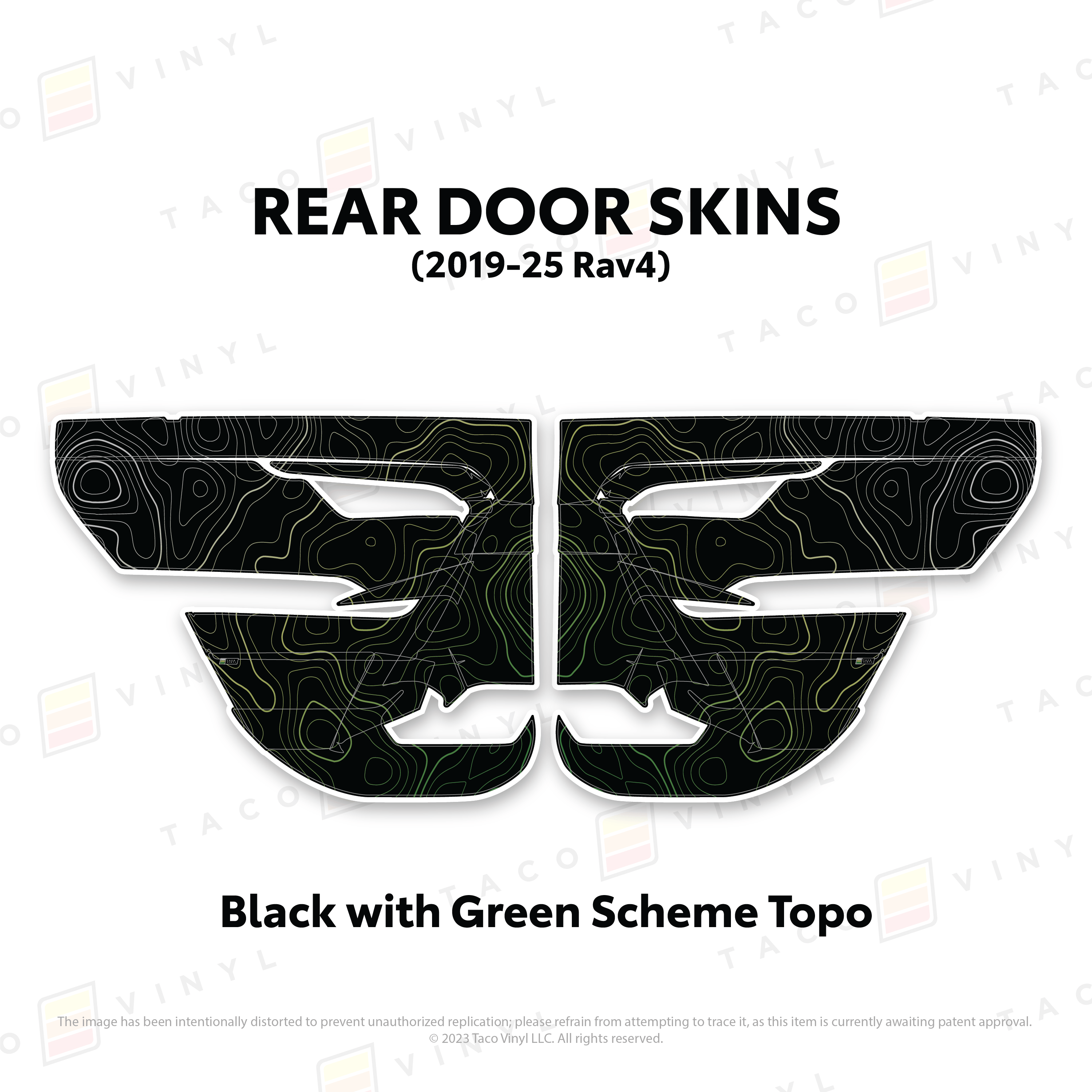 Taco Vinyl Protective Vinyl Rear Driver/Passenger / Black w/Green Scheme Topo 2019-25 Rav4 Door Skins