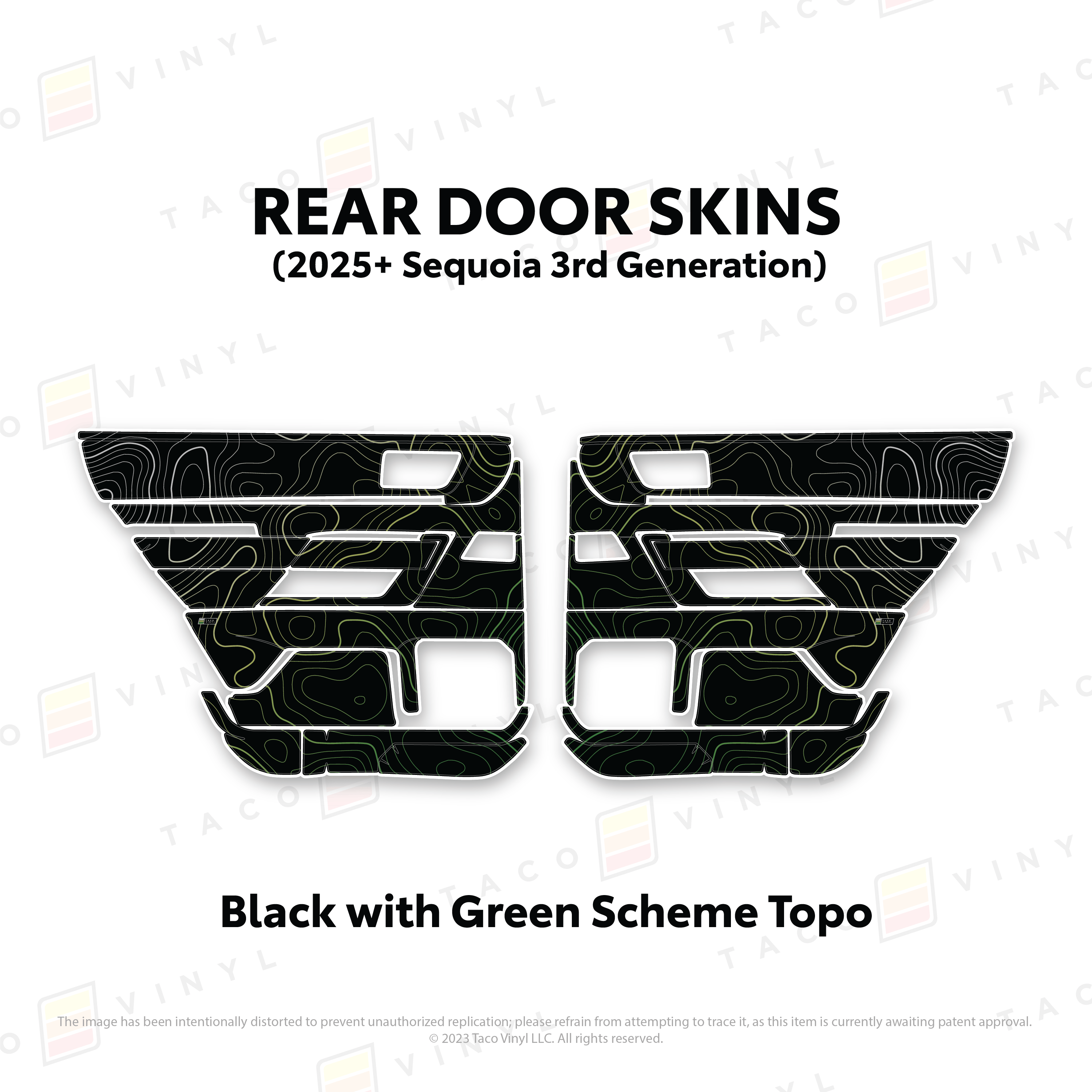Taco Vinyl Protective Vinyl Rear Driver/Passenger / Black w/Green Scheme Topo 2023+ Sequoia Door Skins