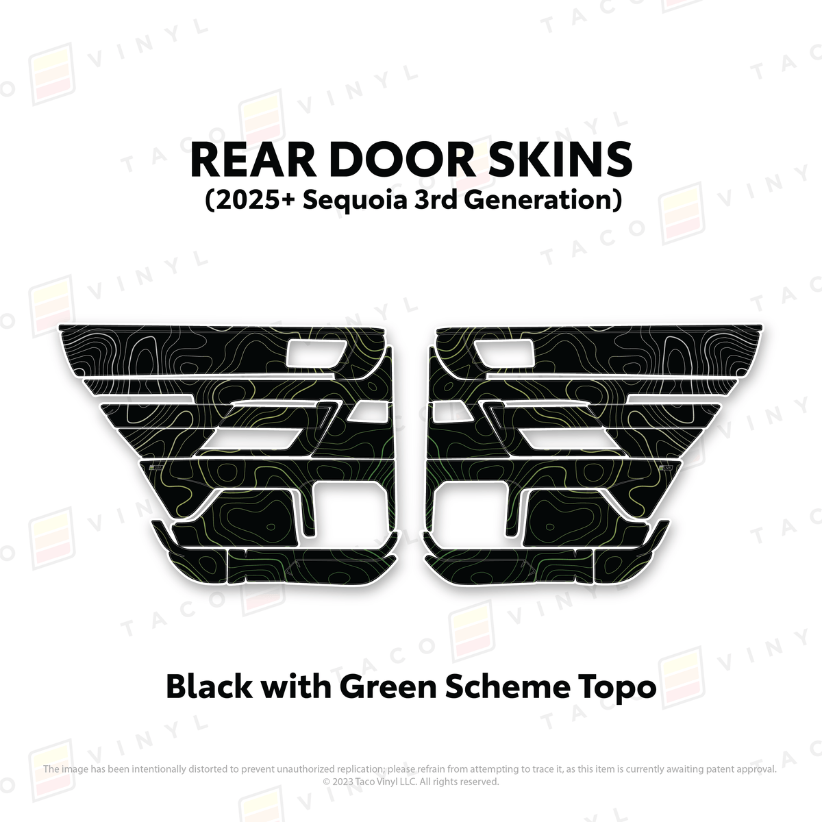 Taco Vinyl Protective Vinyl Rear Driver/Passenger / Black w/Green Scheme Topo 2023+ Sequoia Door Skins