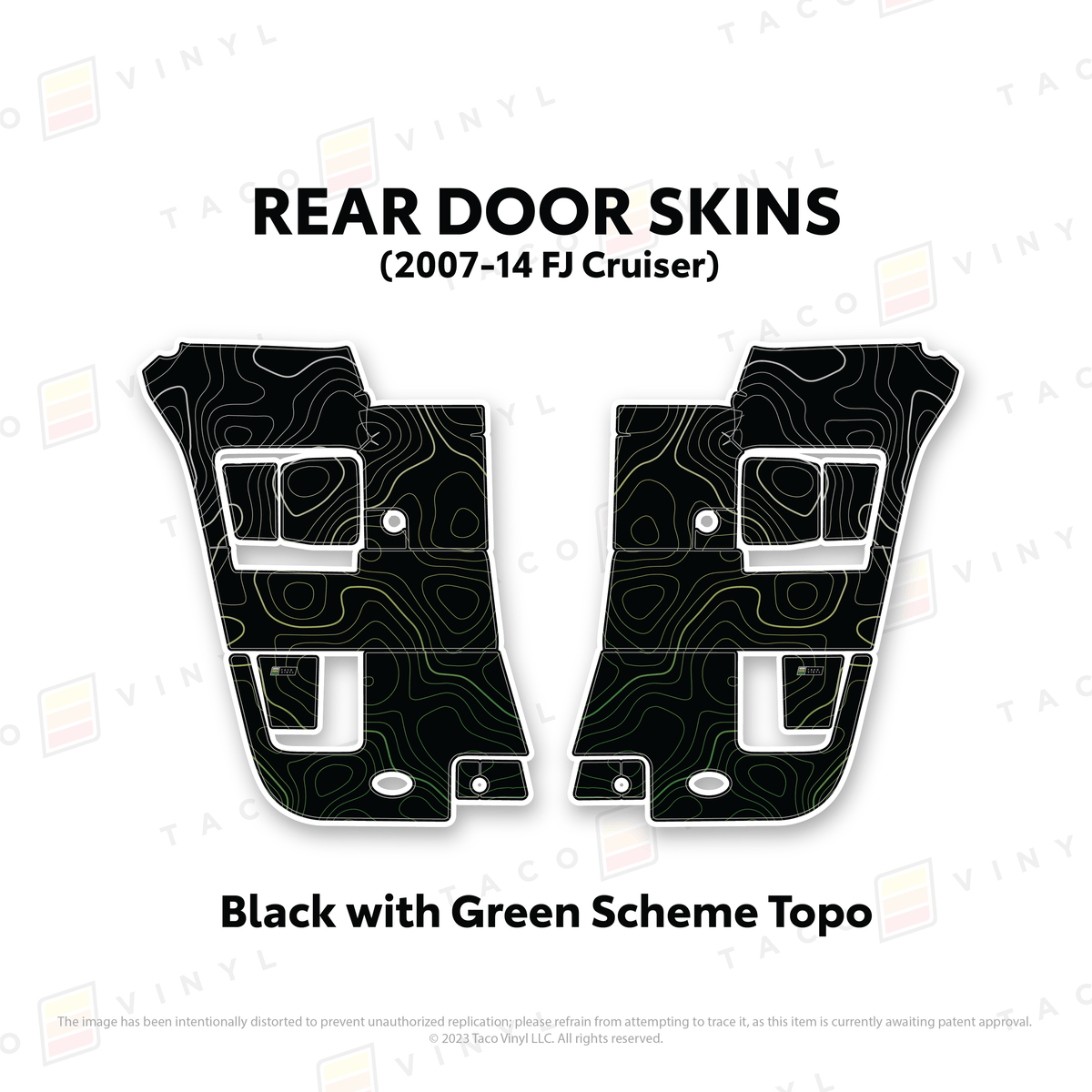 Taco Vinyl Protective Vinyl Rear Driver/Passenger / Black w/ Green Scheme Topo FJ Cruiser Door Skins
