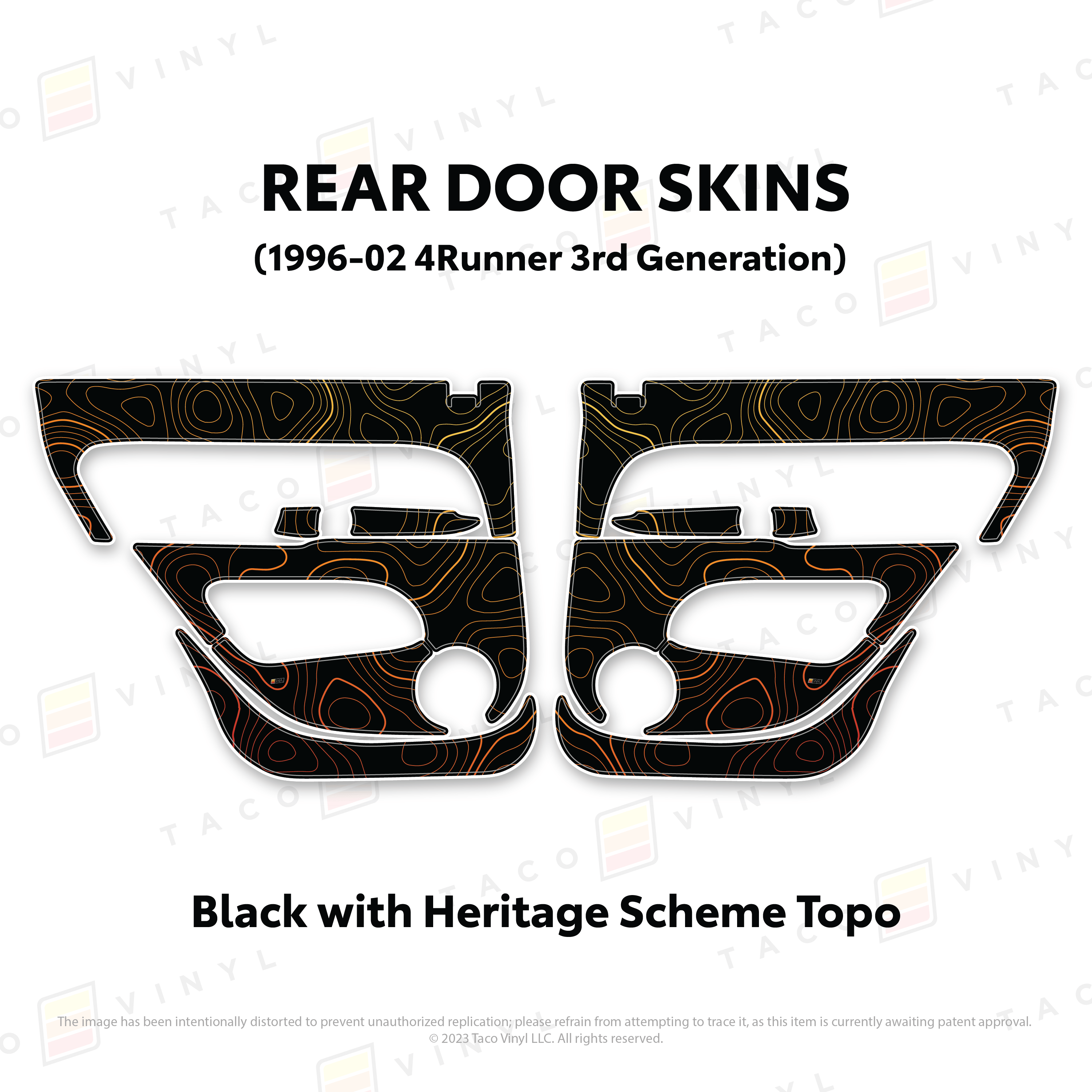 Taco Vinyl Protective Vinyl Rear Driver/Passenger / Black w/Heritage Scheme Topo 1996-2002 4Runner Door Skins