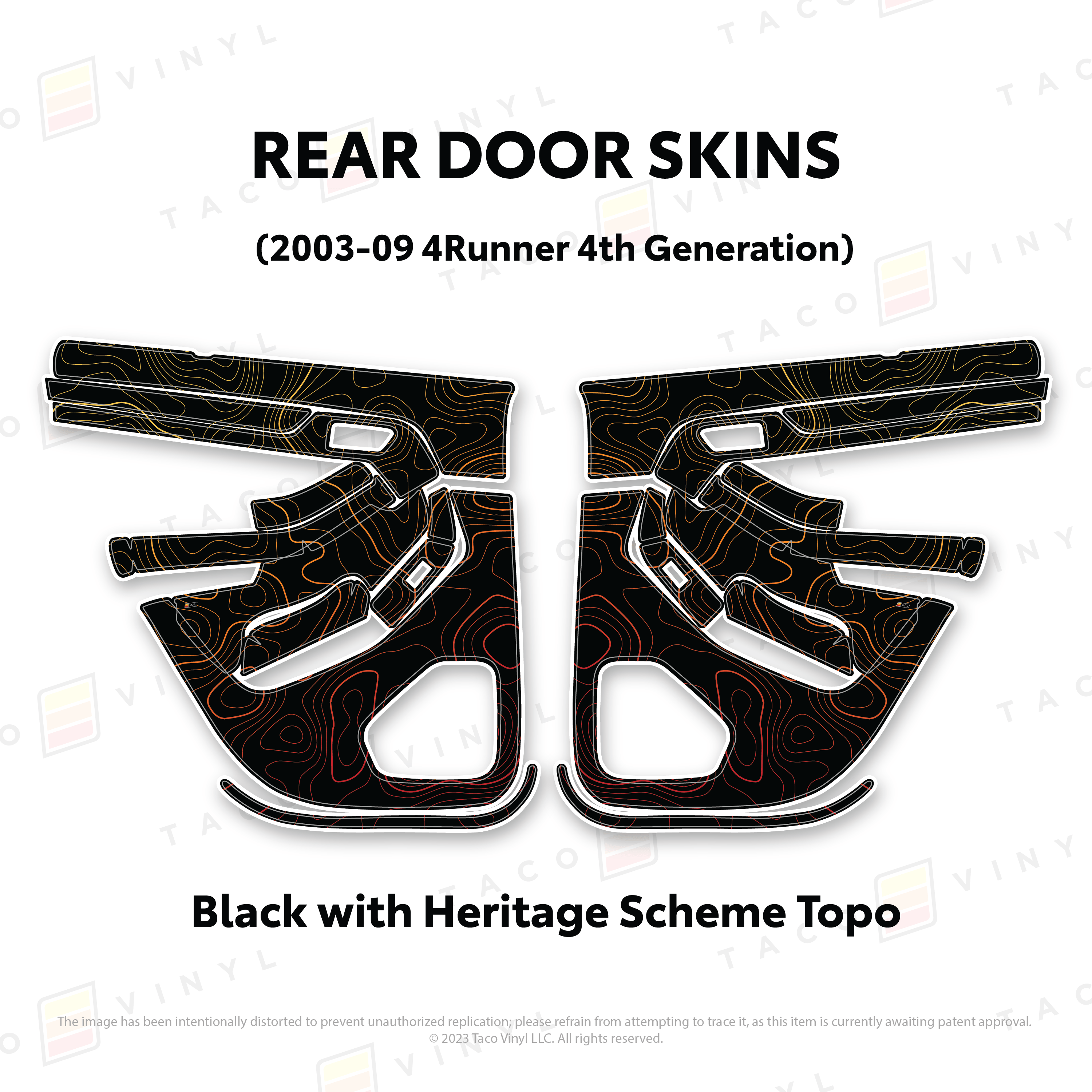 Taco Vinyl Protective Vinyl Rear Driver/Passenger / Black w/Heritage Scheme Topo 2003-2009 4Runner Door Skins