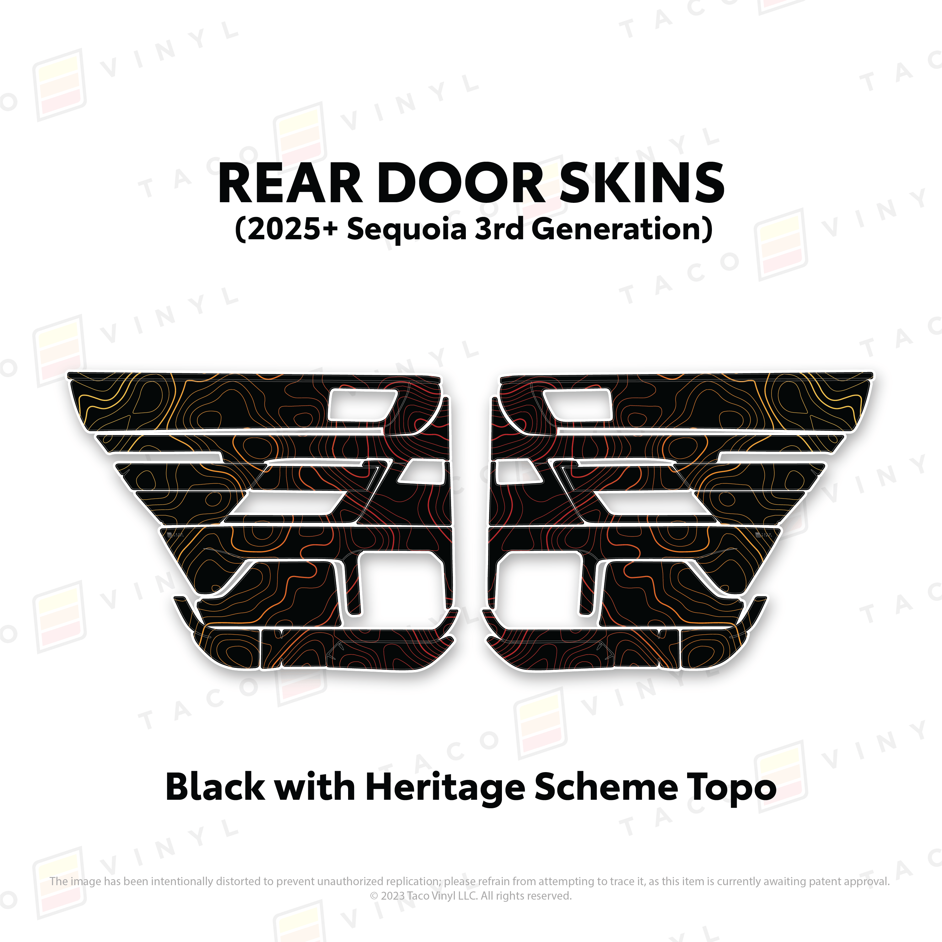 Taco Vinyl Protective Vinyl Rear Driver/Passenger / Black w/Heritage Scheme Topo 2023+ Sequoia Door Skins