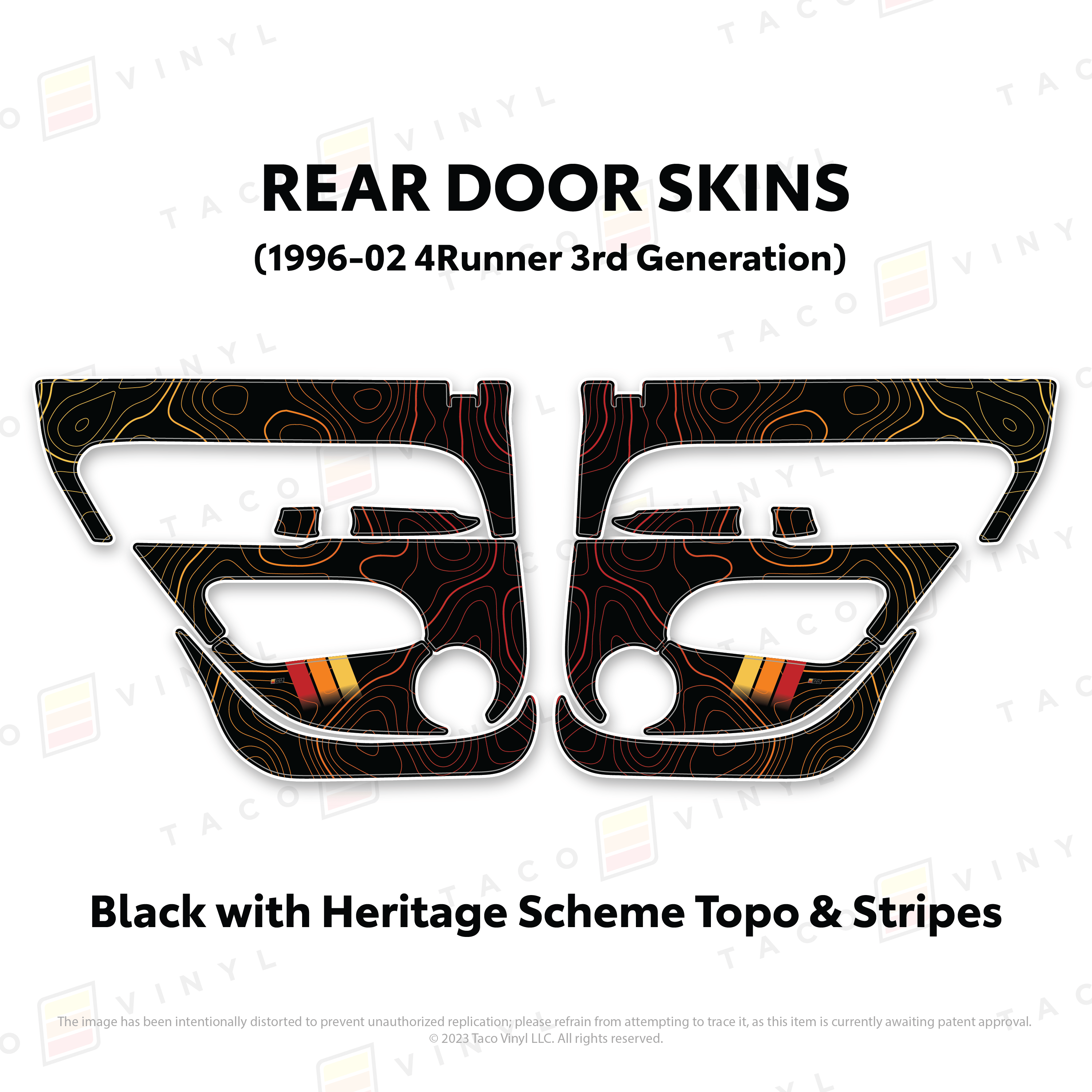 Taco Vinyl Protective Vinyl Rear Driver/Passenger / Black w/Heritage Scheme Topo & Stripes 1996-2002 4Runner Door Skins