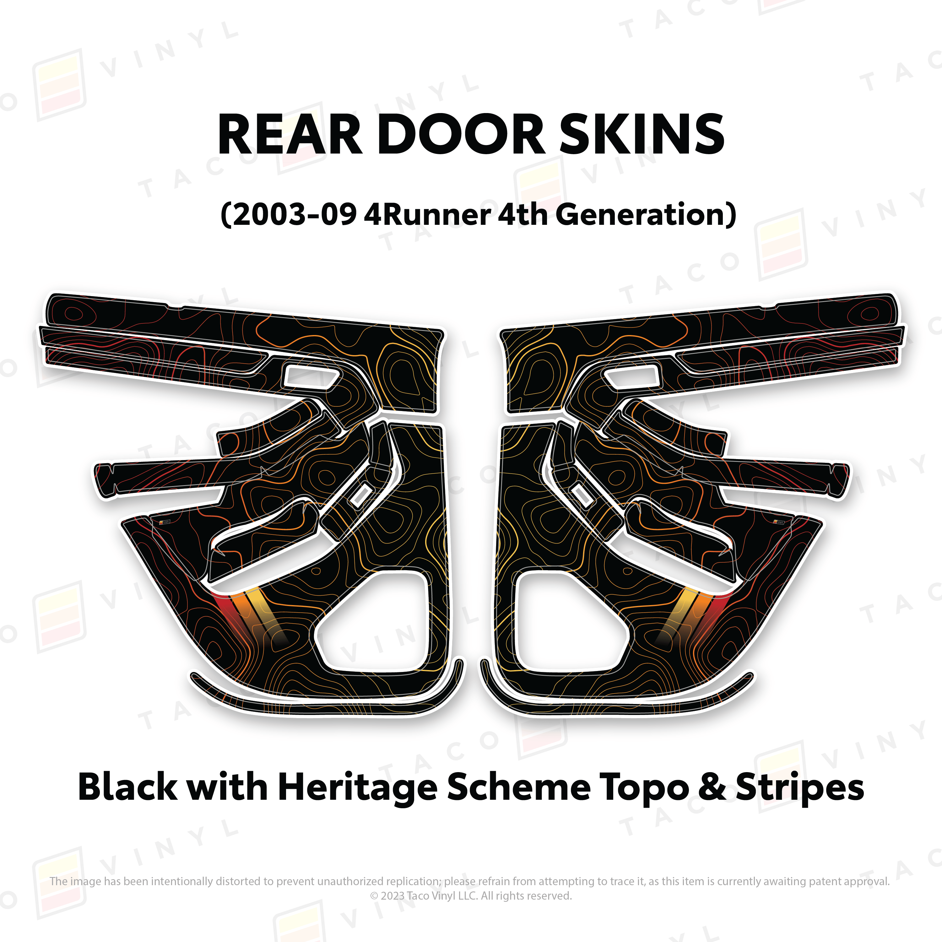 Taco Vinyl Protective Vinyl Rear Driver/Passenger / Black w/Heritage Scheme Topo & Stripes 2003-2009 4Runner Door Skins