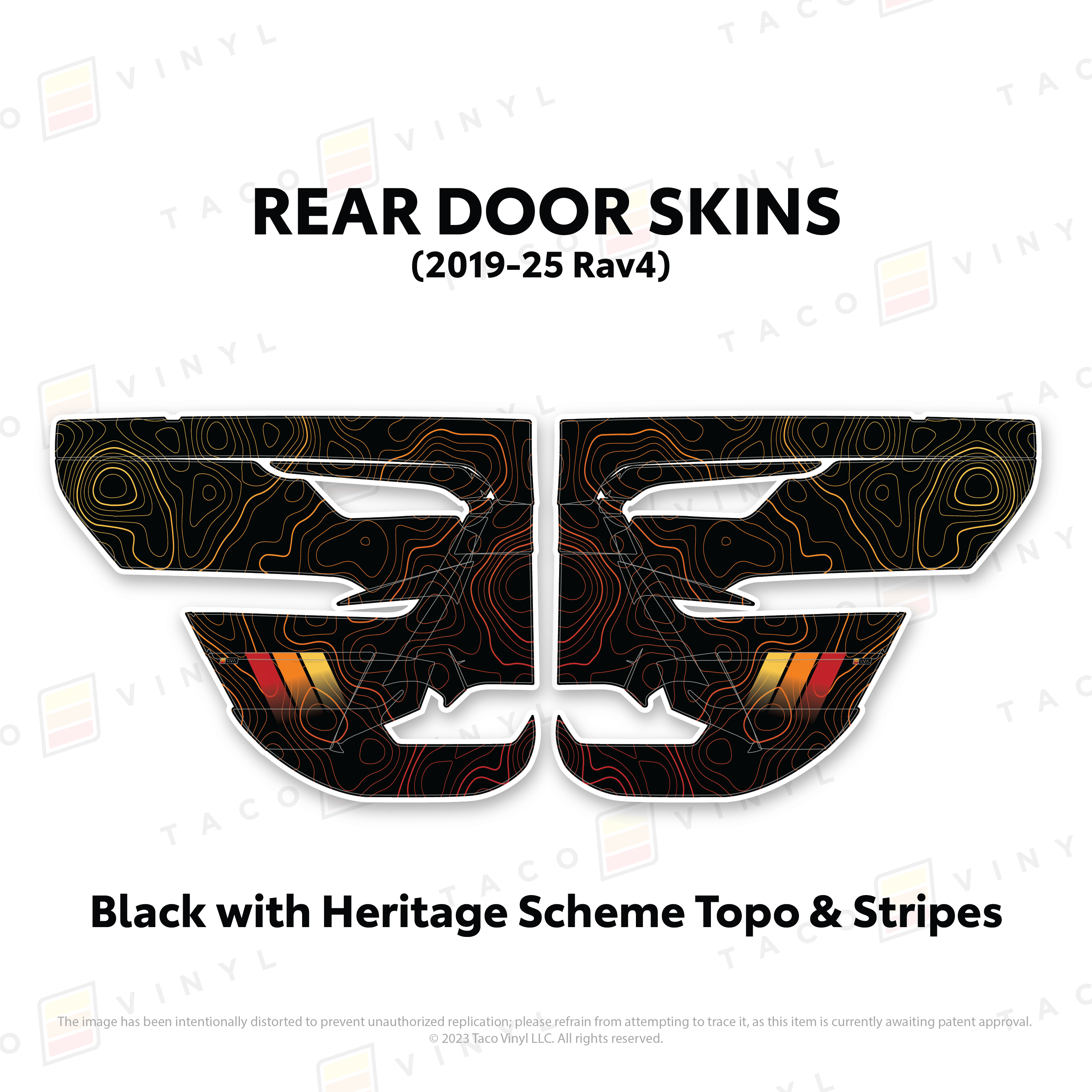 Taco Vinyl Protective Vinyl Rear Driver/Passenger / Black w/Heritage Scheme Topo & Stripes 2019-25 Rav4 Door Skins