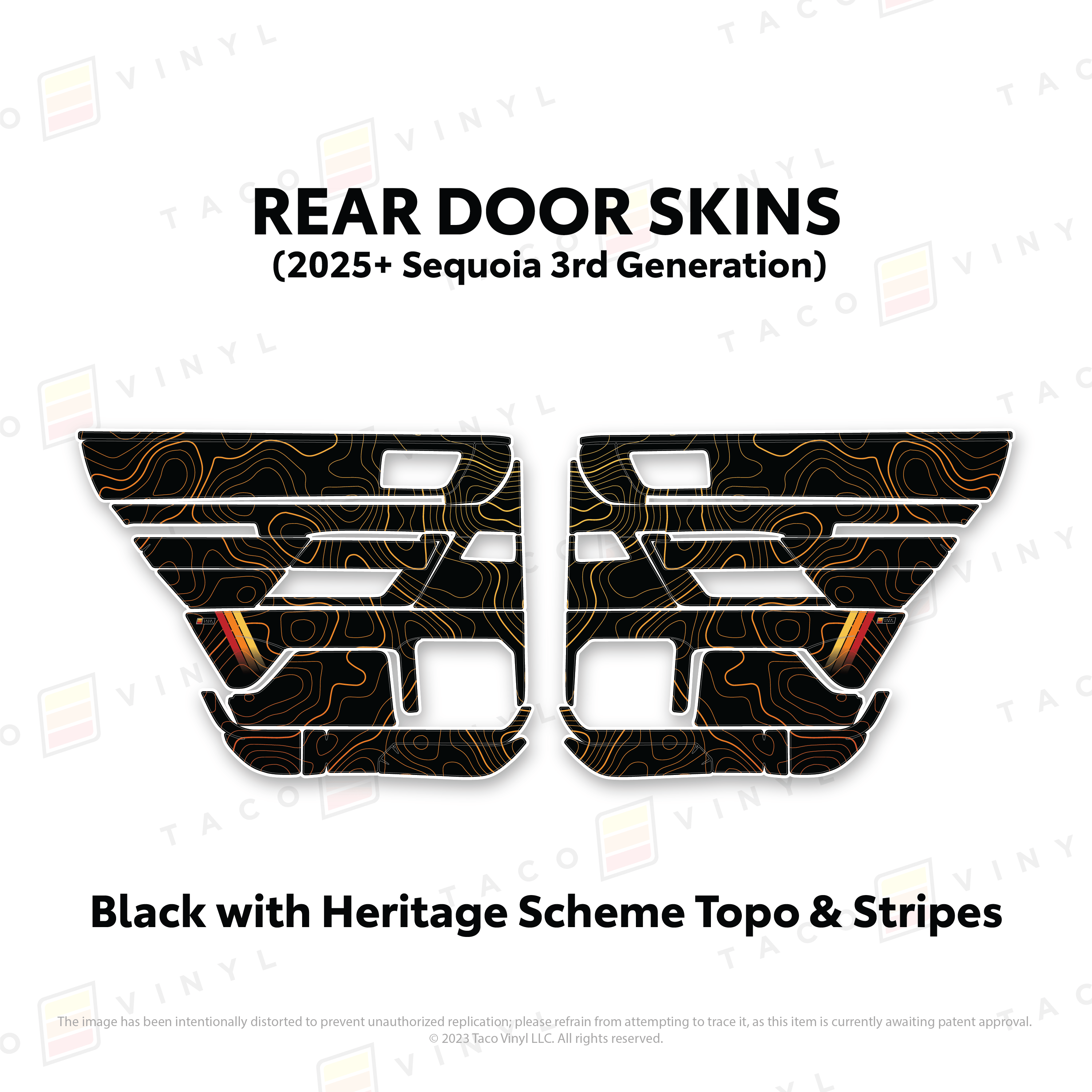 Taco Vinyl Protective Vinyl Rear Driver/Passenger / Black w/Heritage Scheme Topo & Stripes 2023+ Sequoia Door Skins