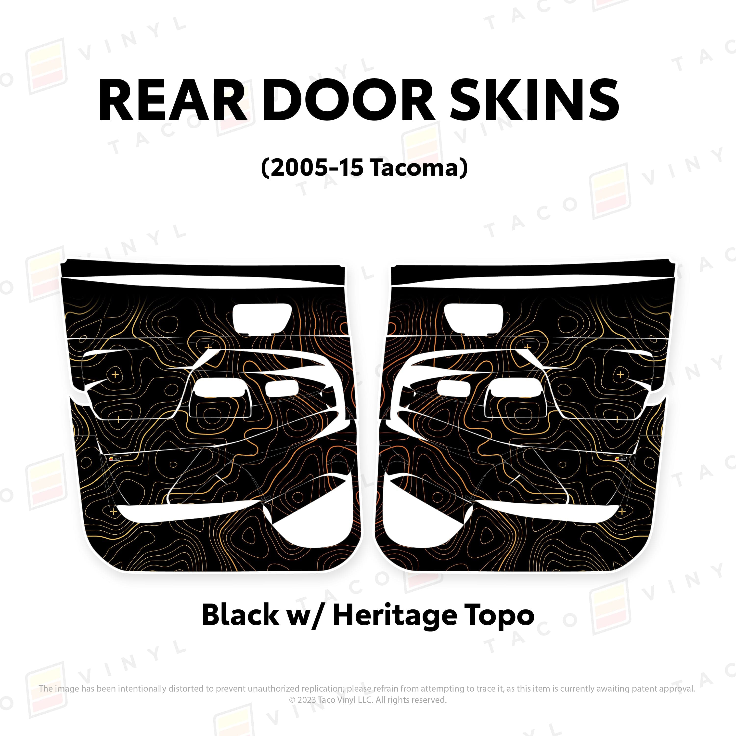 Taco Vinyl Protective Vinyl Rear Driver/Passenger / Black w/ Heritage Topo 2005-15 Tacoma Door Skins