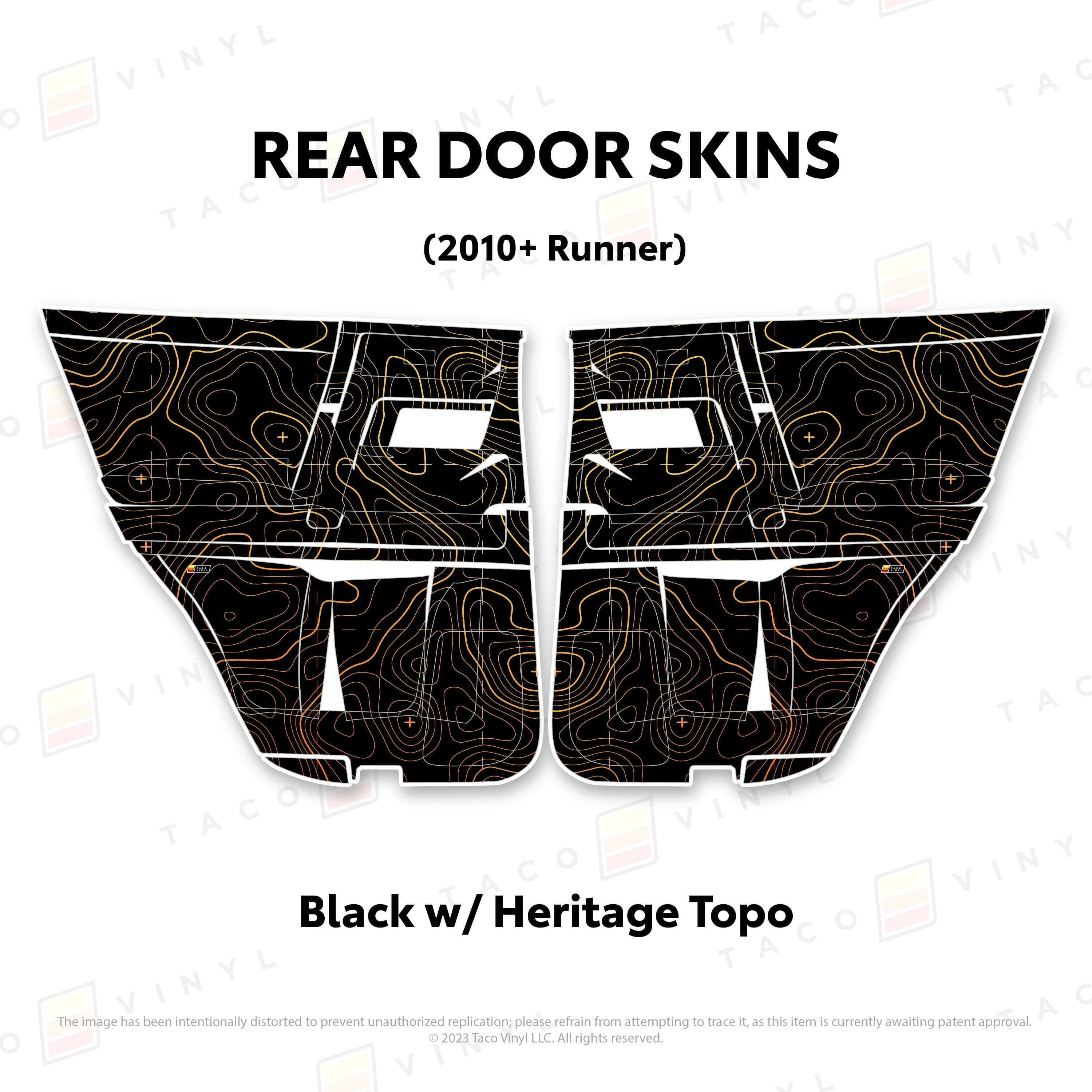 Taco Vinyl Protective Vinyl Rear Driver/Passenger / Black w/ Heritage Topo 2010-24 4Runner Door Skins