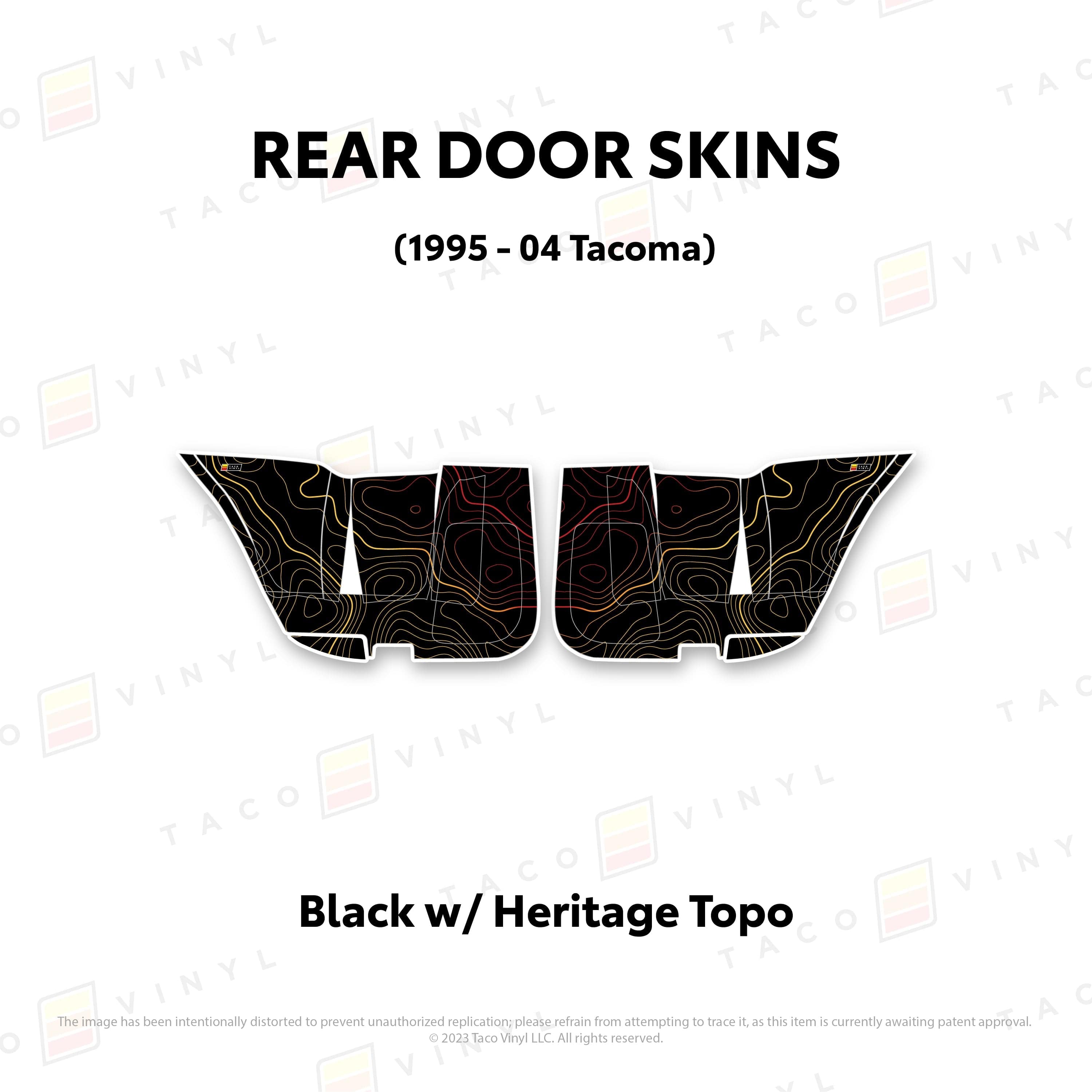 Taco Vinyl Protective Vinyl Rear Driver/Passenger / Black w/ Heritage Topo 2010-24 4Runner Door Skins (Lower Section)