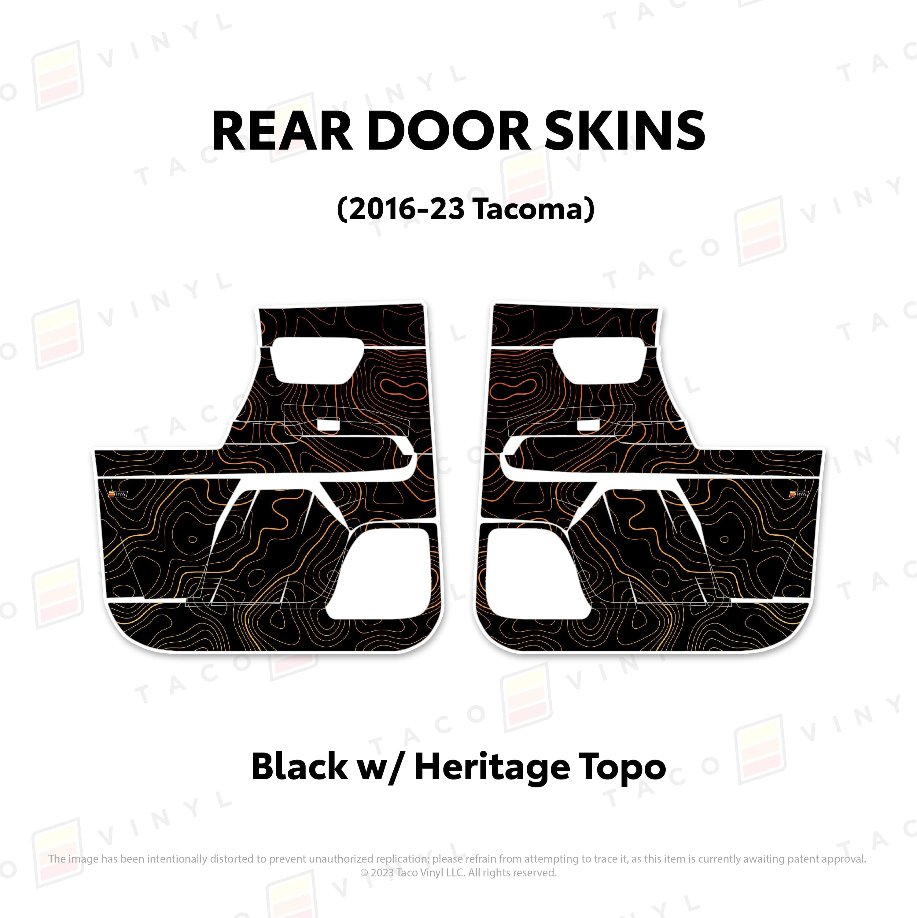 Taco Vinyl Protective Vinyl Rear Driver/Passenger / Black w/ Heritage Topo 2016-23 Tacoma Door Skins