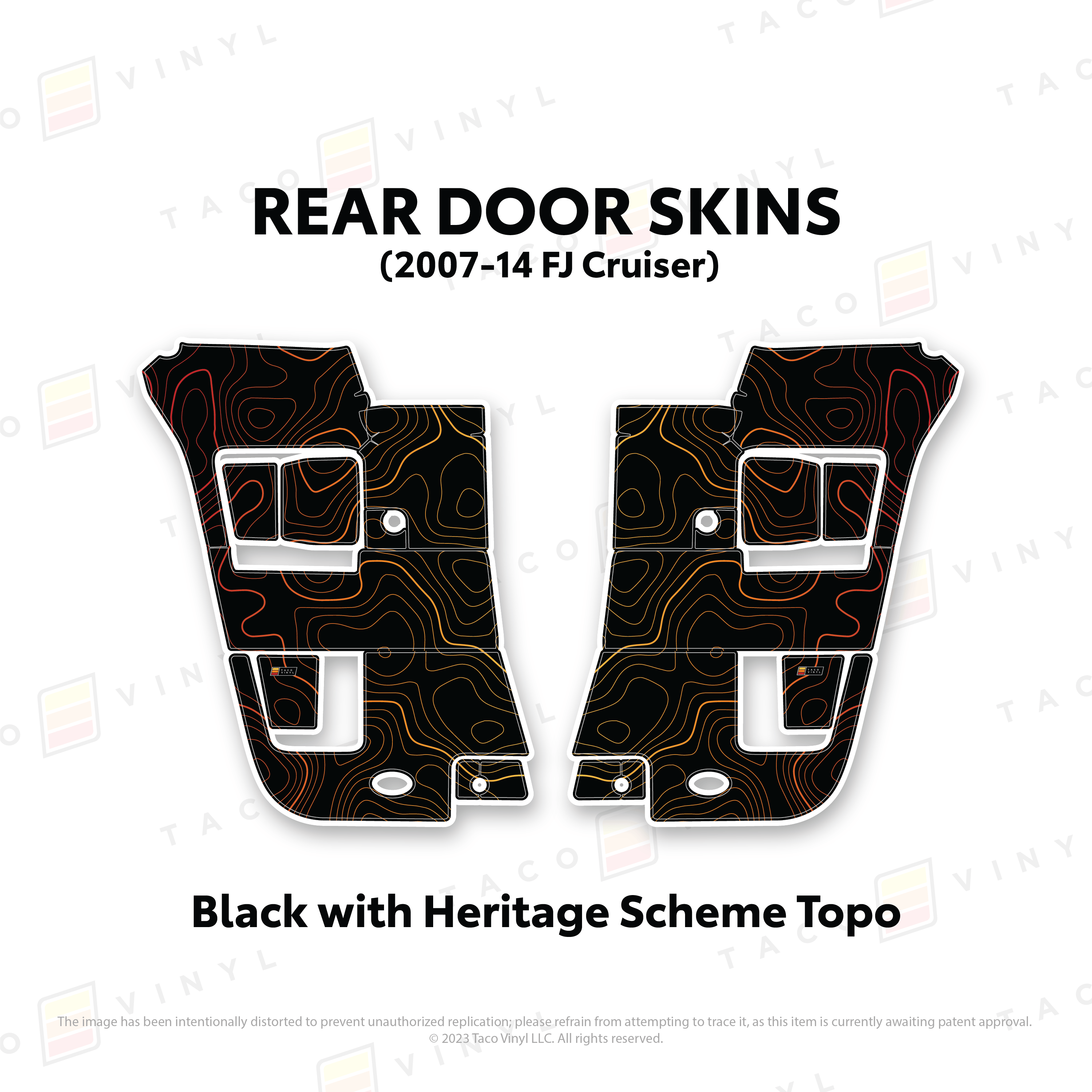 Taco Vinyl Protective Vinyl Rear Driver/Passenger / Black w/ Heritage Topo FJ Cruiser Door Skins