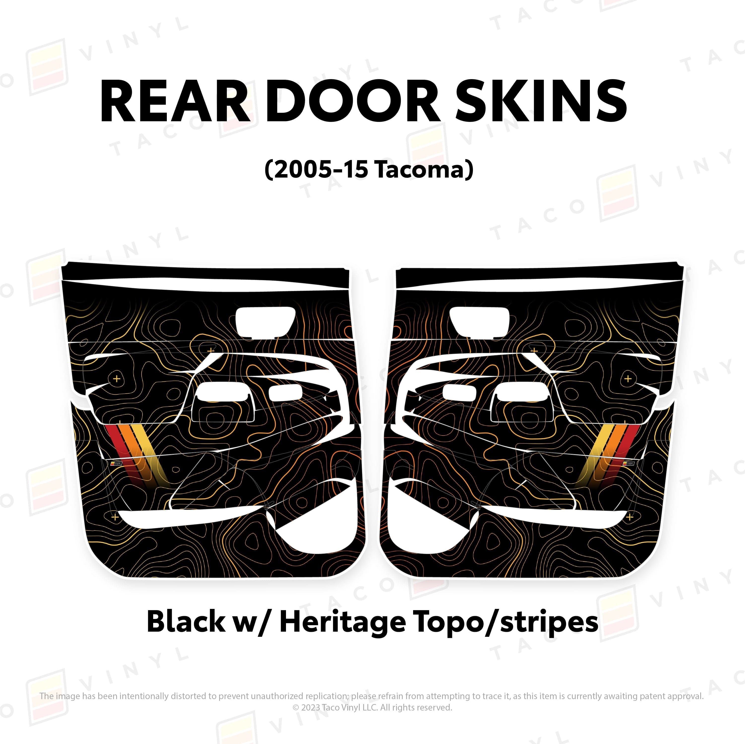 Taco Vinyl Protective Vinyl Rear Driver/Passenger / Black w/ Heritage Topo/stripes 2005-15 Tacoma Door Skins