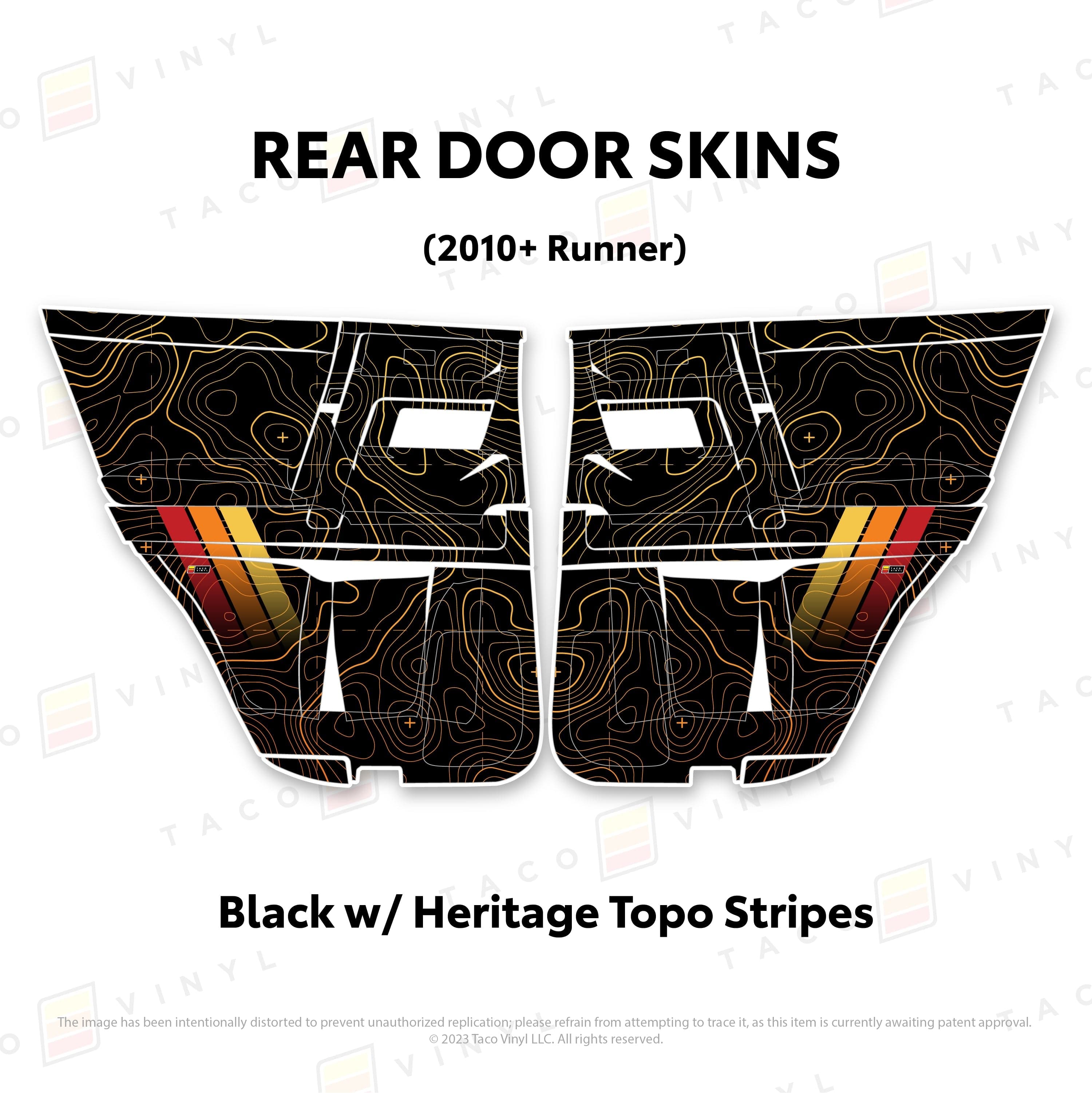 Taco Vinyl Protective Vinyl Rear Driver/Passenger / Black w/ Heritage Topo/stripes 2010-24 4Runner Door Skins