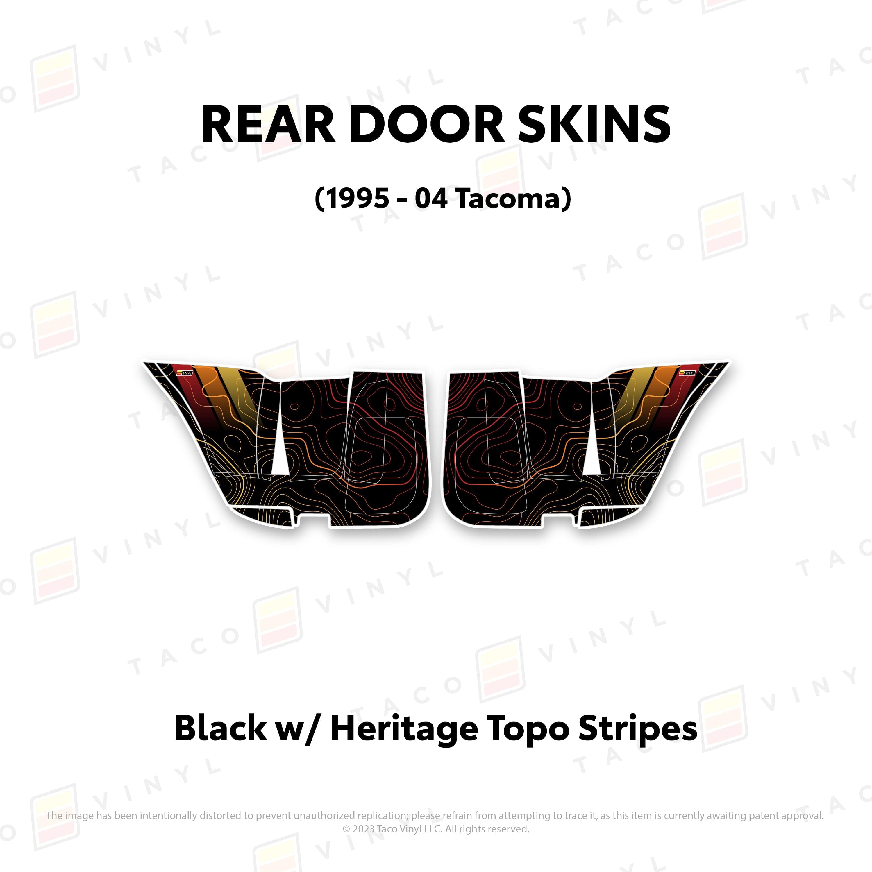 Taco Vinyl Protective Vinyl Rear Driver/Passenger / Black w/ Heritage Topo/stripes 2010-24 4Runner Door Skins (Lower Section)