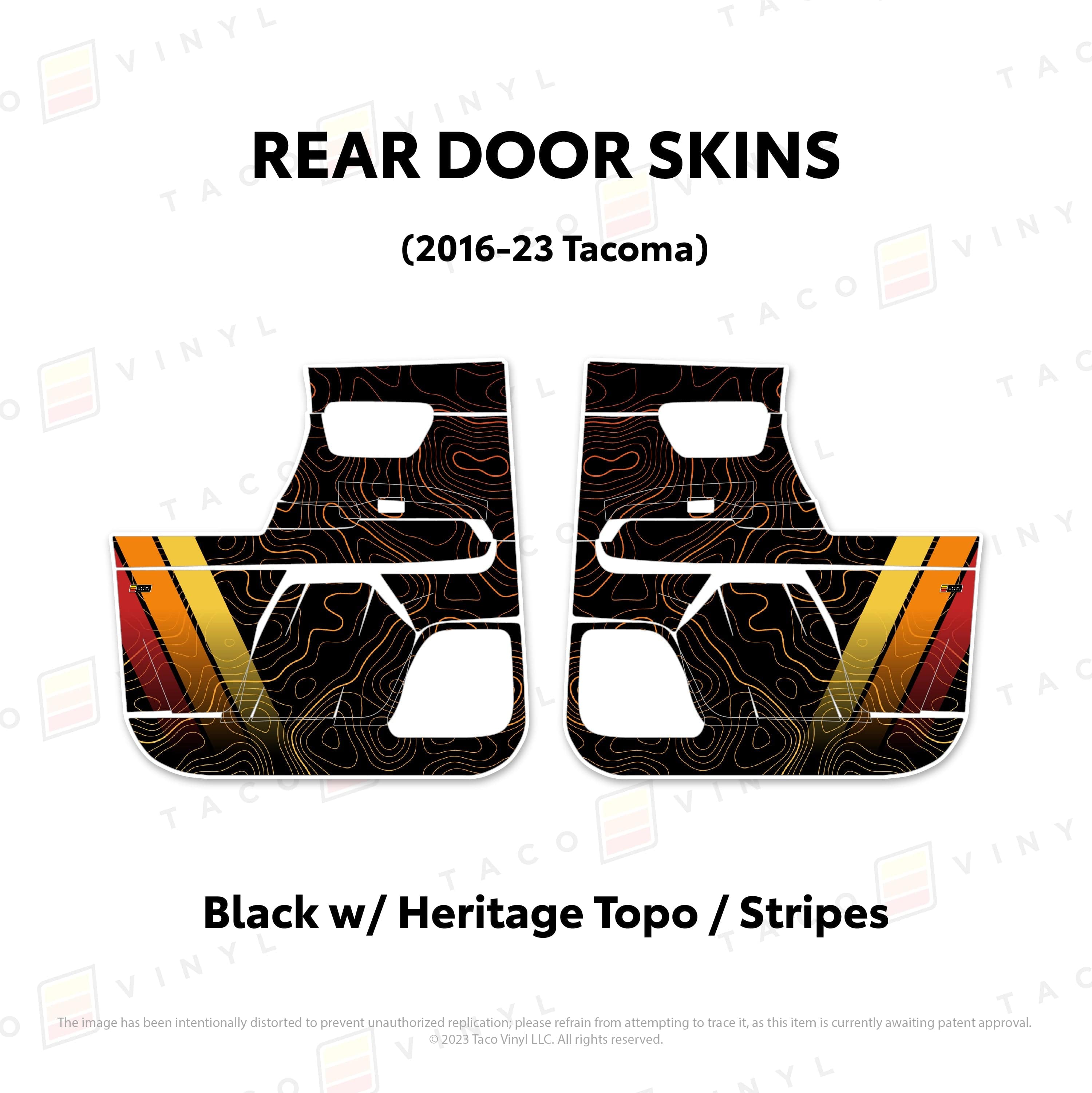 Taco Vinyl Protective Vinyl Rear Driver/Passenger / Black w/ Heritage Topo/stripes 2016-23 Tacoma Door Skins