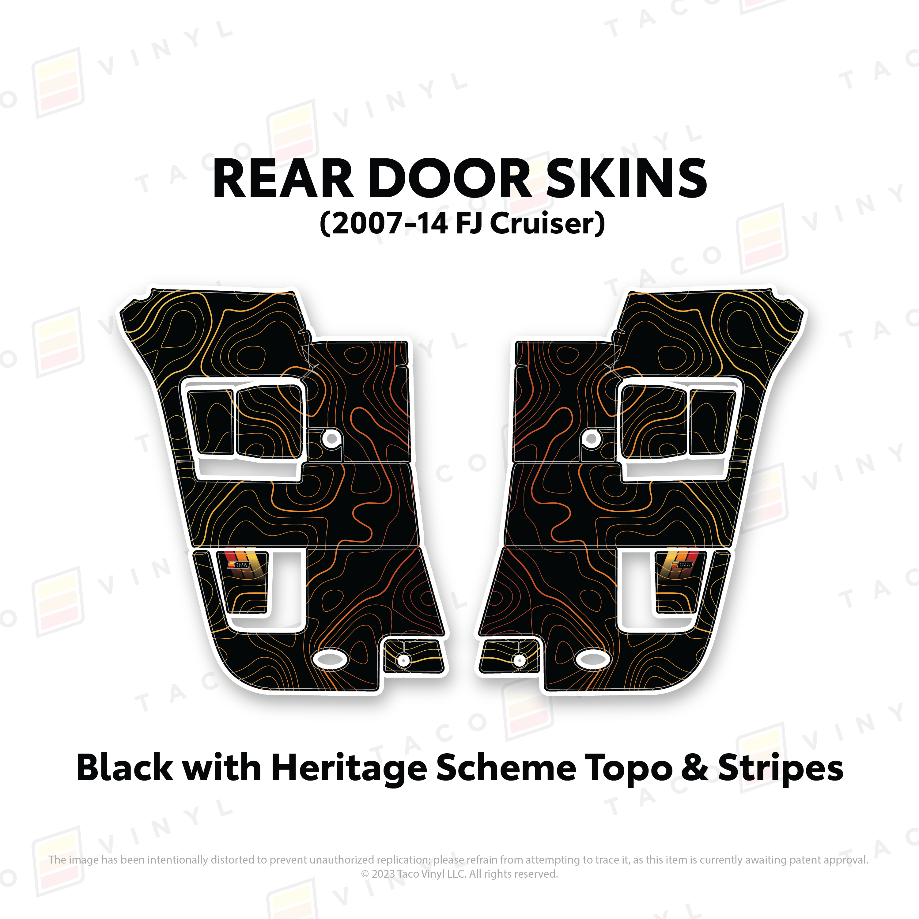 Taco Vinyl Protective Vinyl Rear Driver/Passenger / Black w/ Heritage Topo & Stripes FJ Cruiser Door Skins