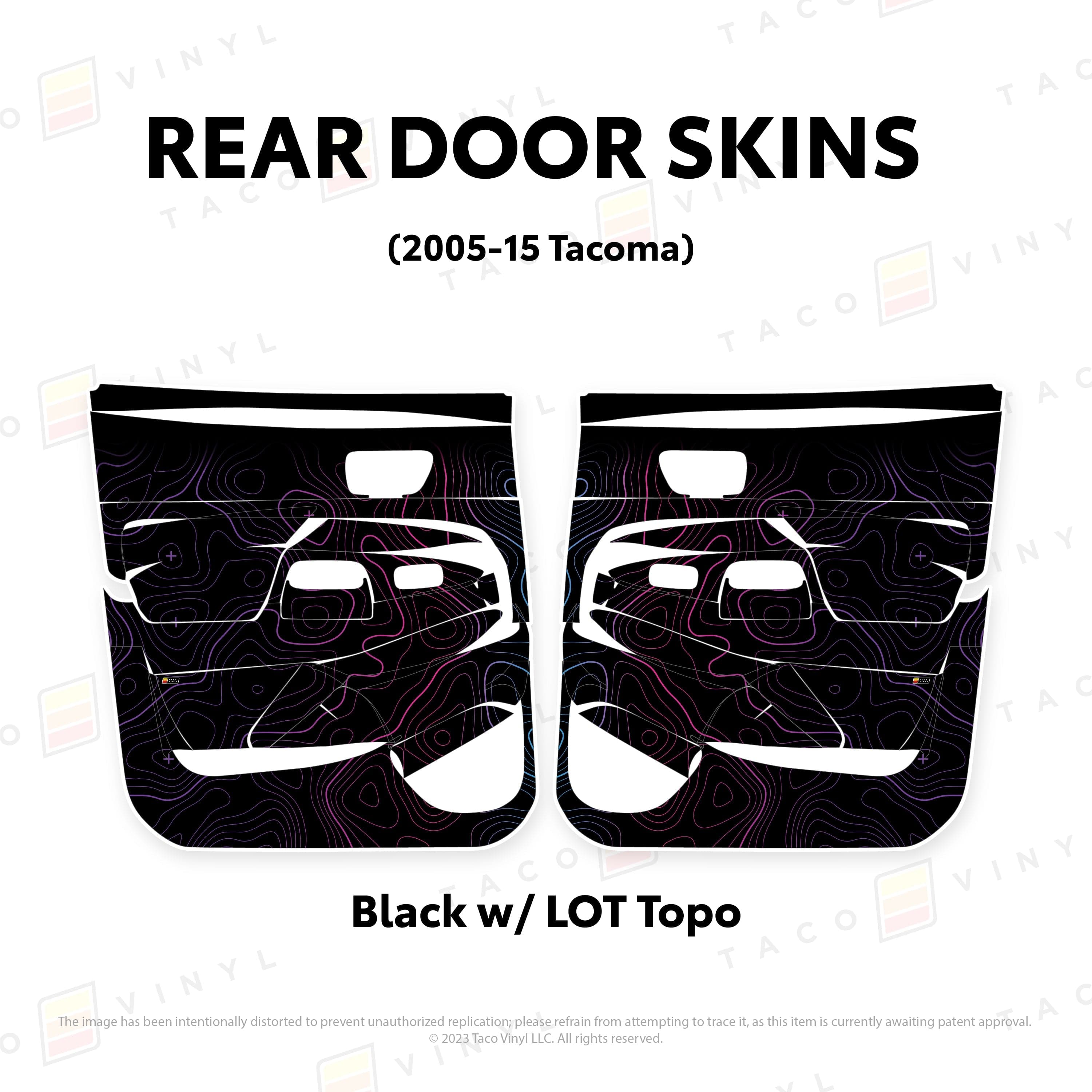 Taco Vinyl Protective Vinyl Rear Driver/Passenger / Black w/LOT Scheme Topo 2005-15 Tacoma Door Skins