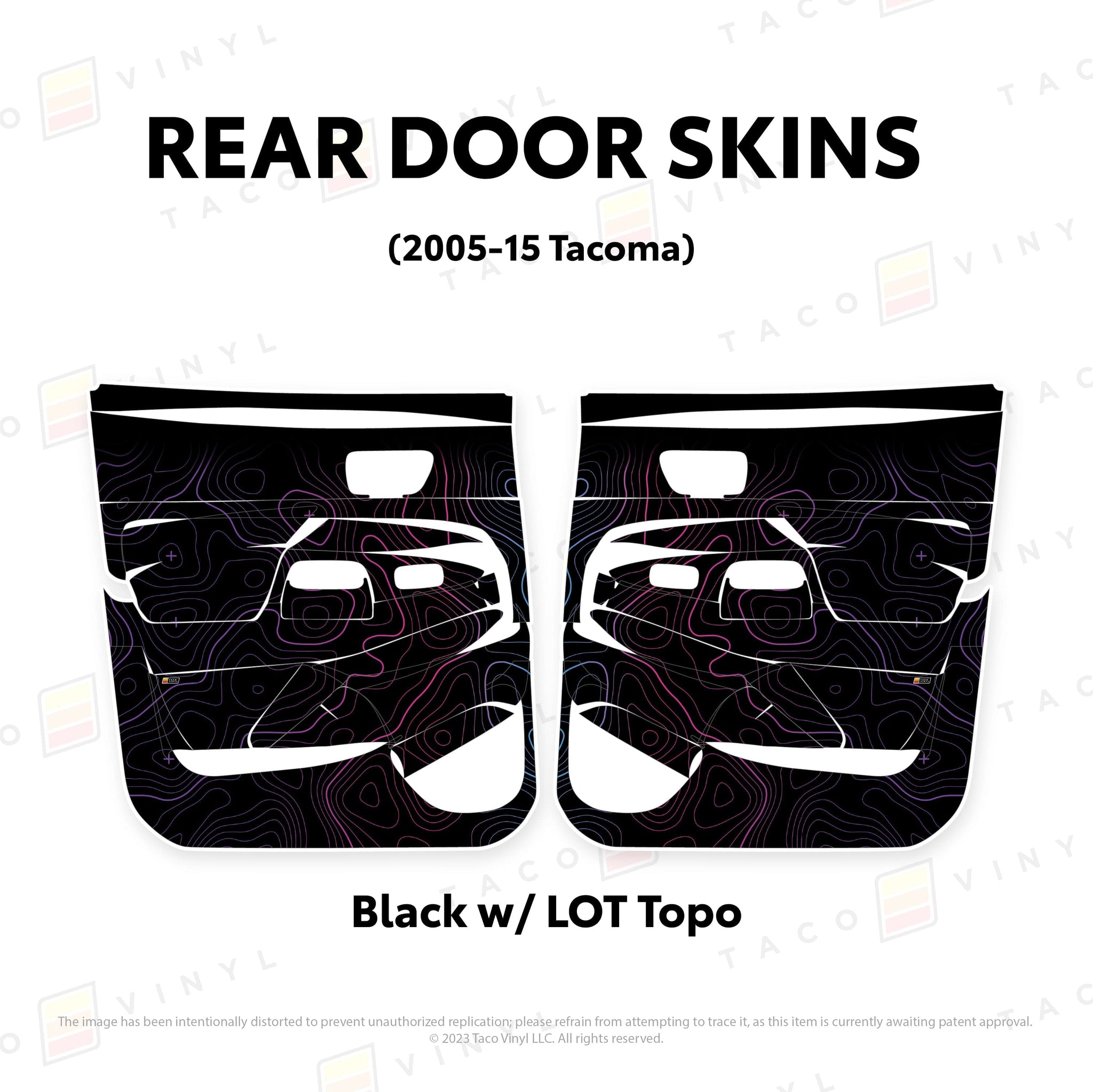 Taco Vinyl Protective Vinyl Rear Driver/Passenger / Black w/LOT Scheme Topo 2005-15 Tacoma Door Skins