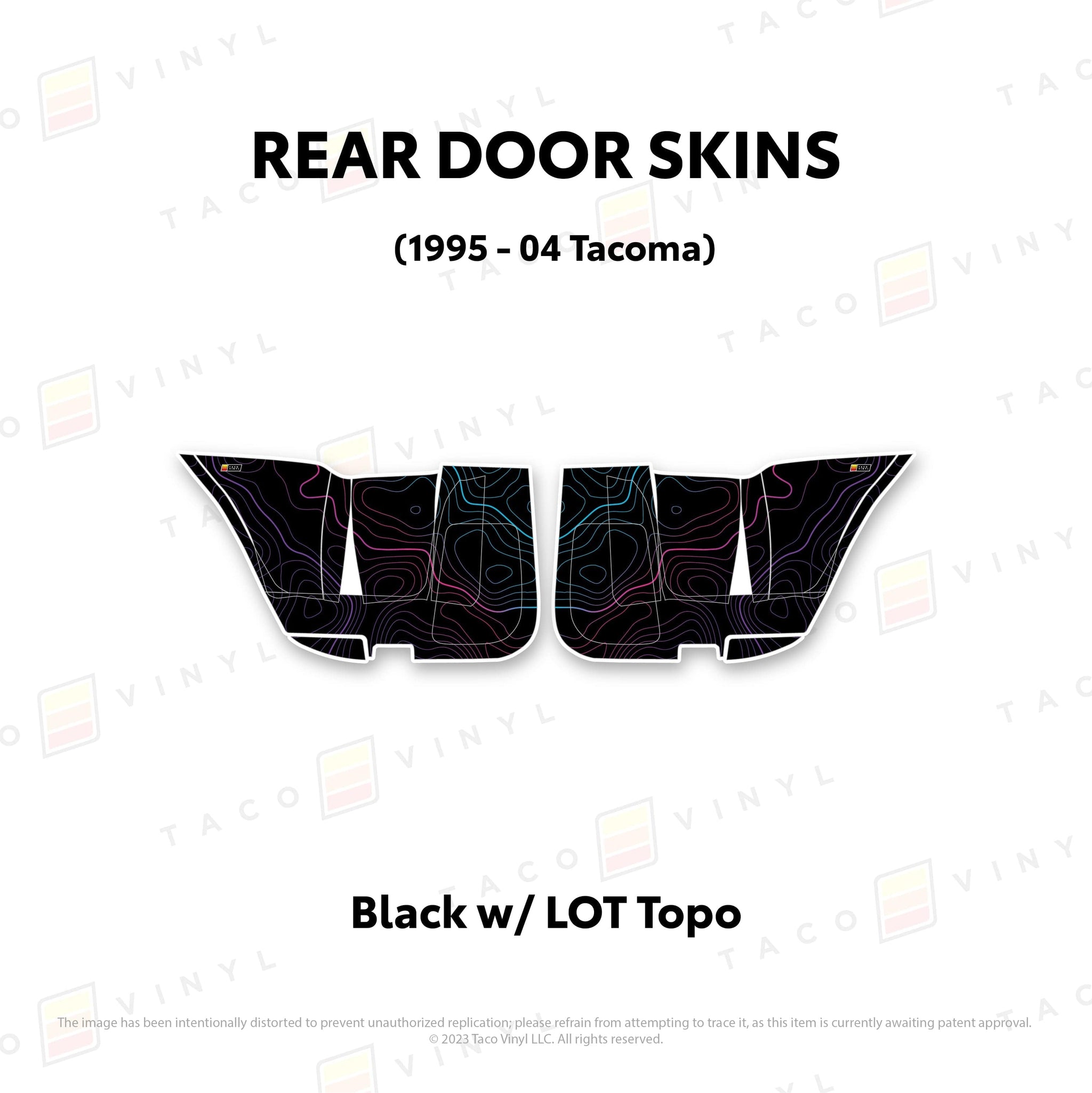 Taco Vinyl Protective Vinyl Rear Driver/Passenger / Black w/LOT Scheme Topo 2010-24 4Runner Door Skins (Lower Section)