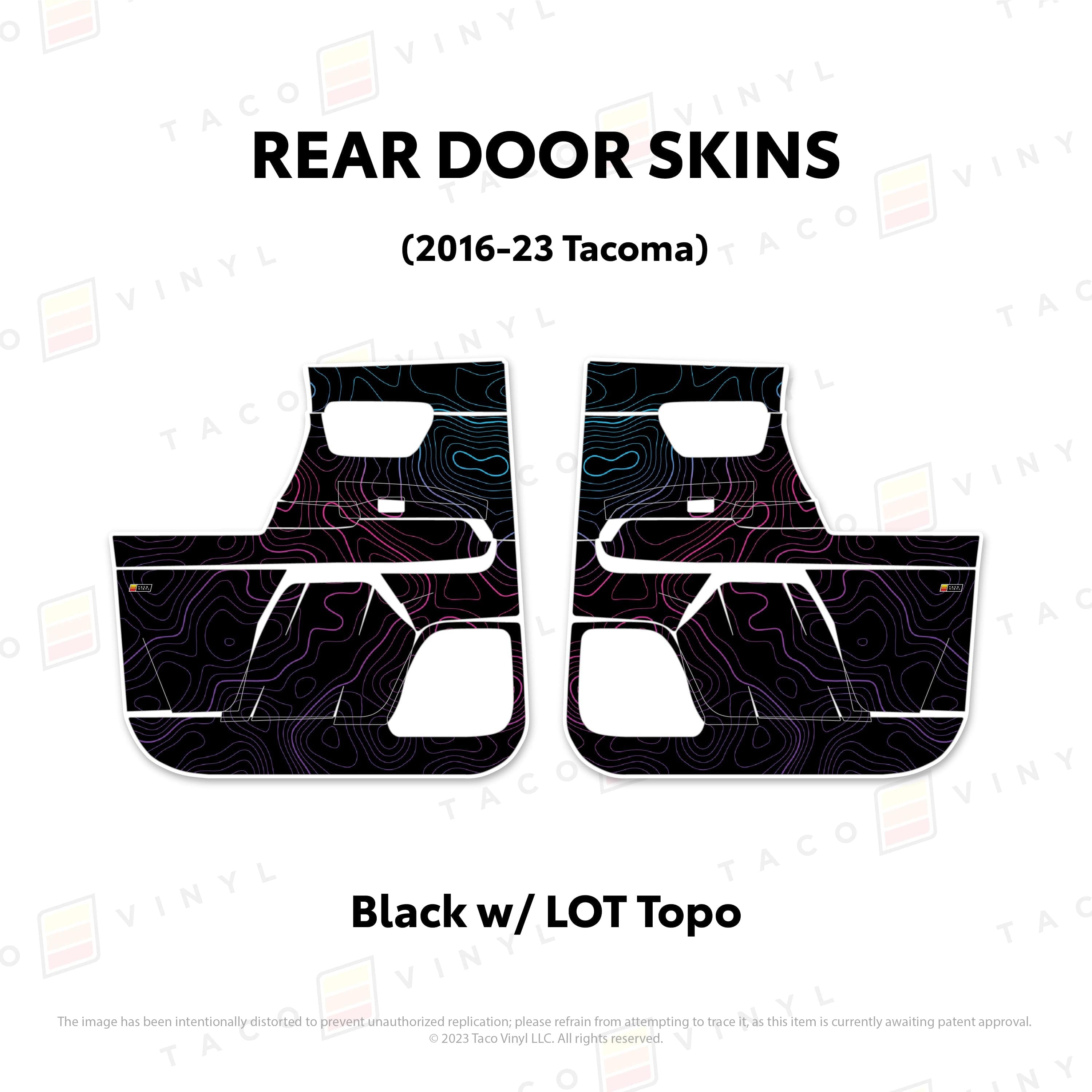 Taco Vinyl Protective Vinyl Rear Driver/Passenger / Black w/LOT Scheme Topo 2016-23 Tacoma Door Skins