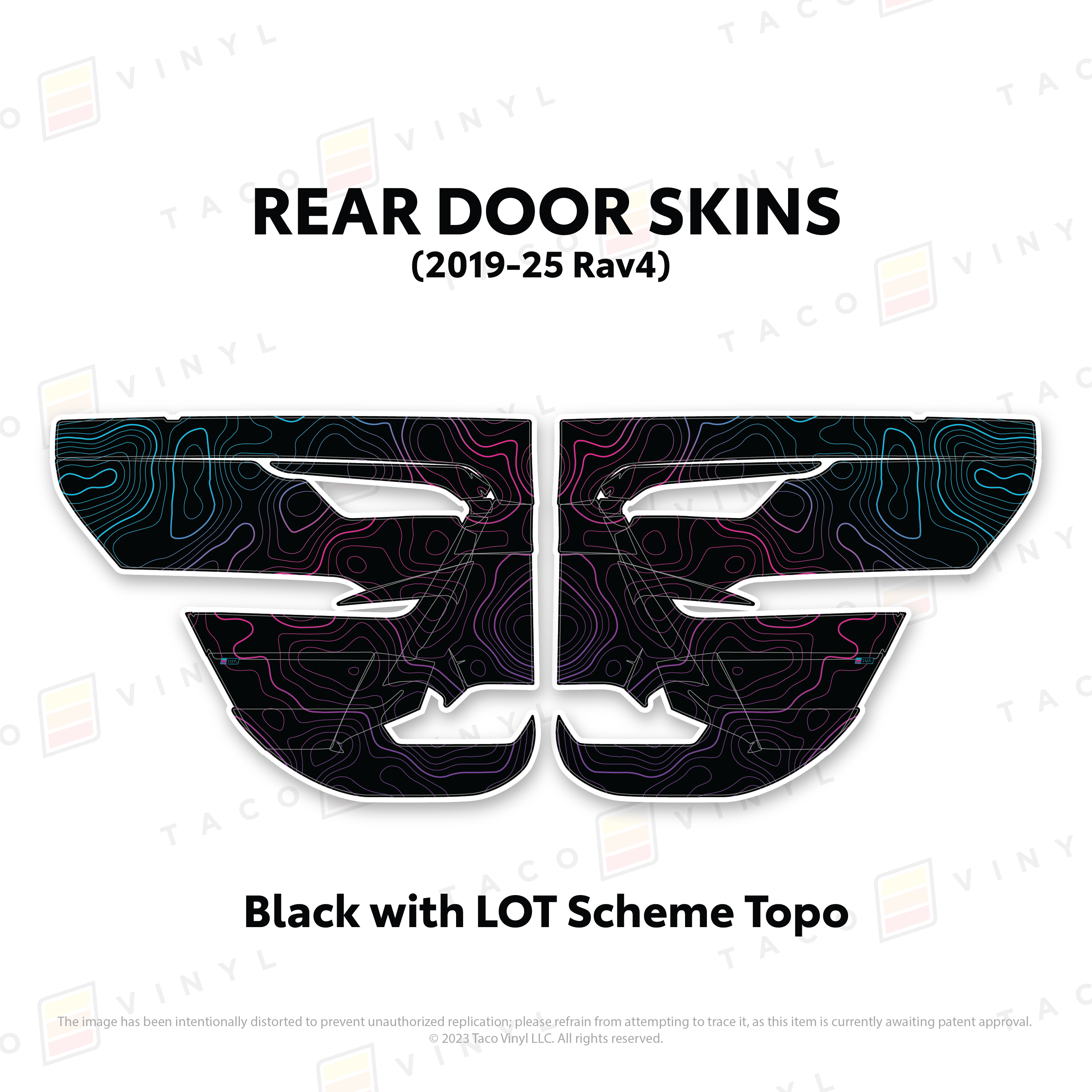 Taco Vinyl Protective Vinyl Rear Driver/Passenger / Black w/LOT Scheme Topo 2019-25 Rav4 Door Skins