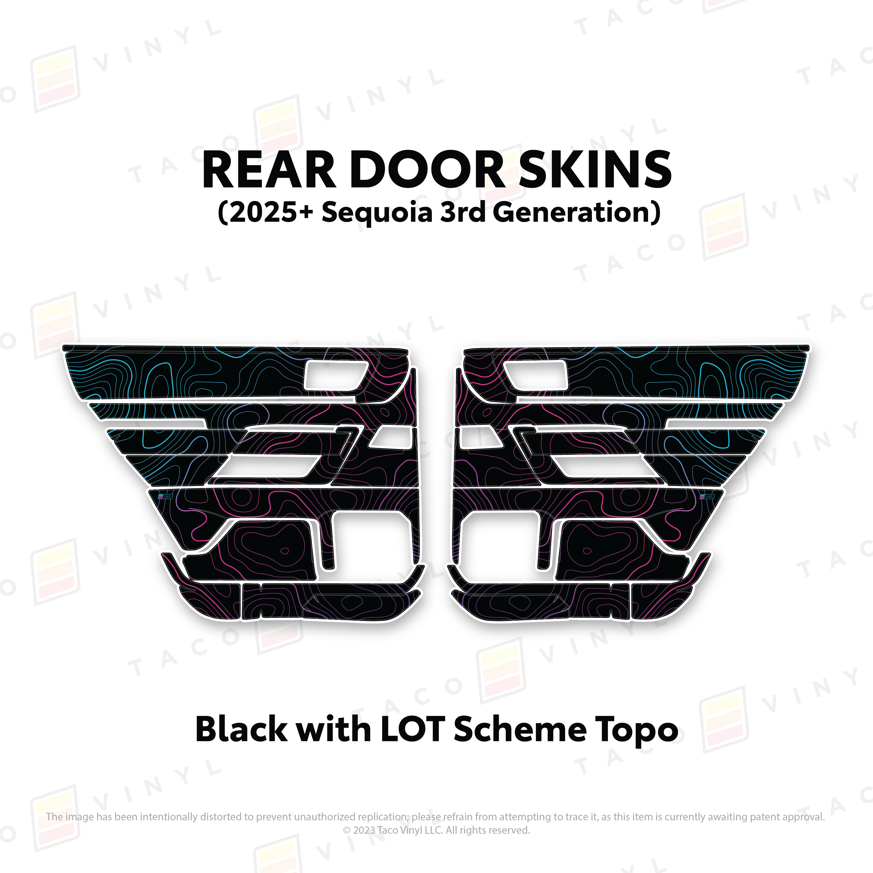 Taco Vinyl Protective Vinyl Rear Driver/Passenger / Black w/LOT Scheme Topo 2023+ Sequoia Door Skins