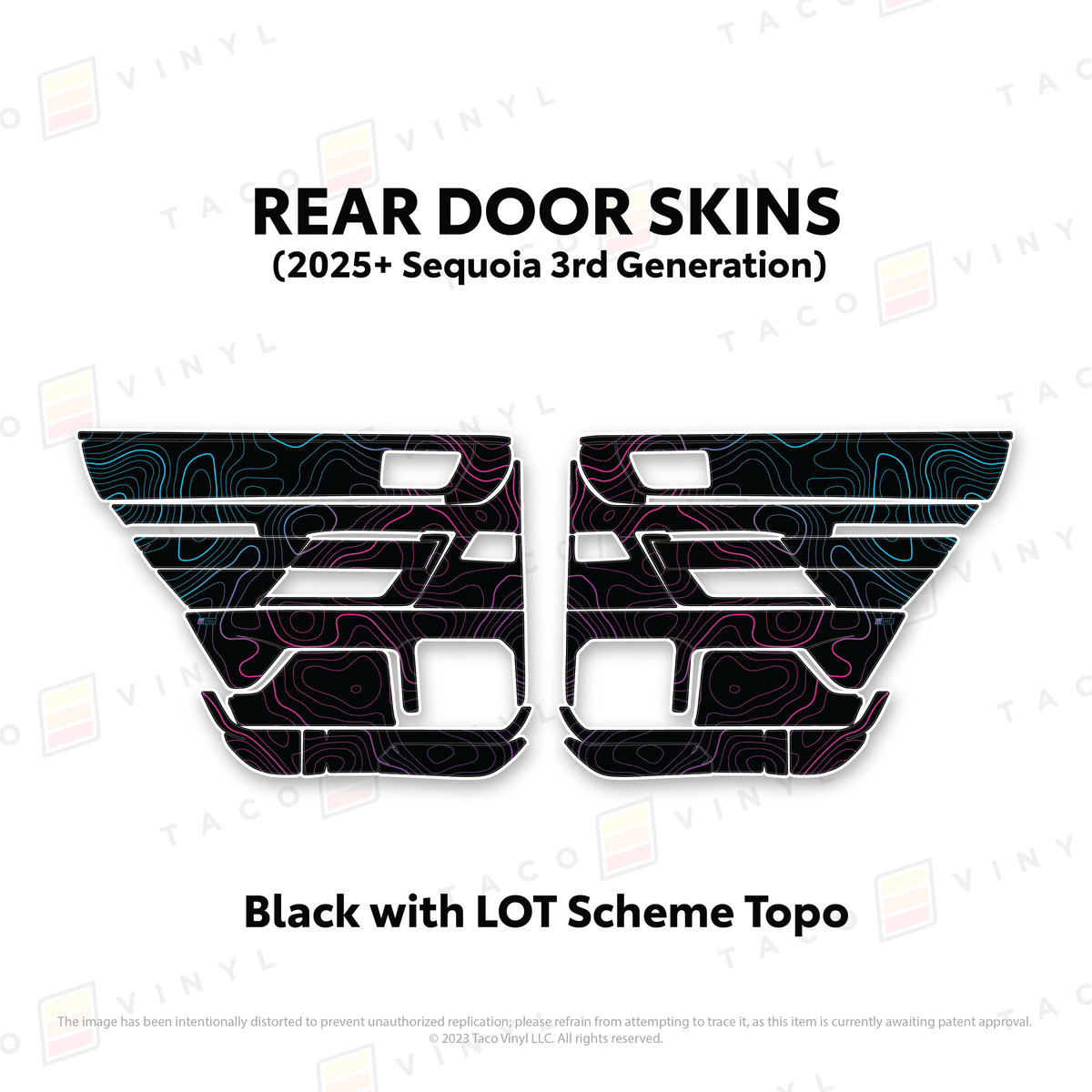 Taco Vinyl Protective Vinyl Rear Driver/Passenger / Black w/LOT Scheme Topo 2023+ Sequoia Door Skins