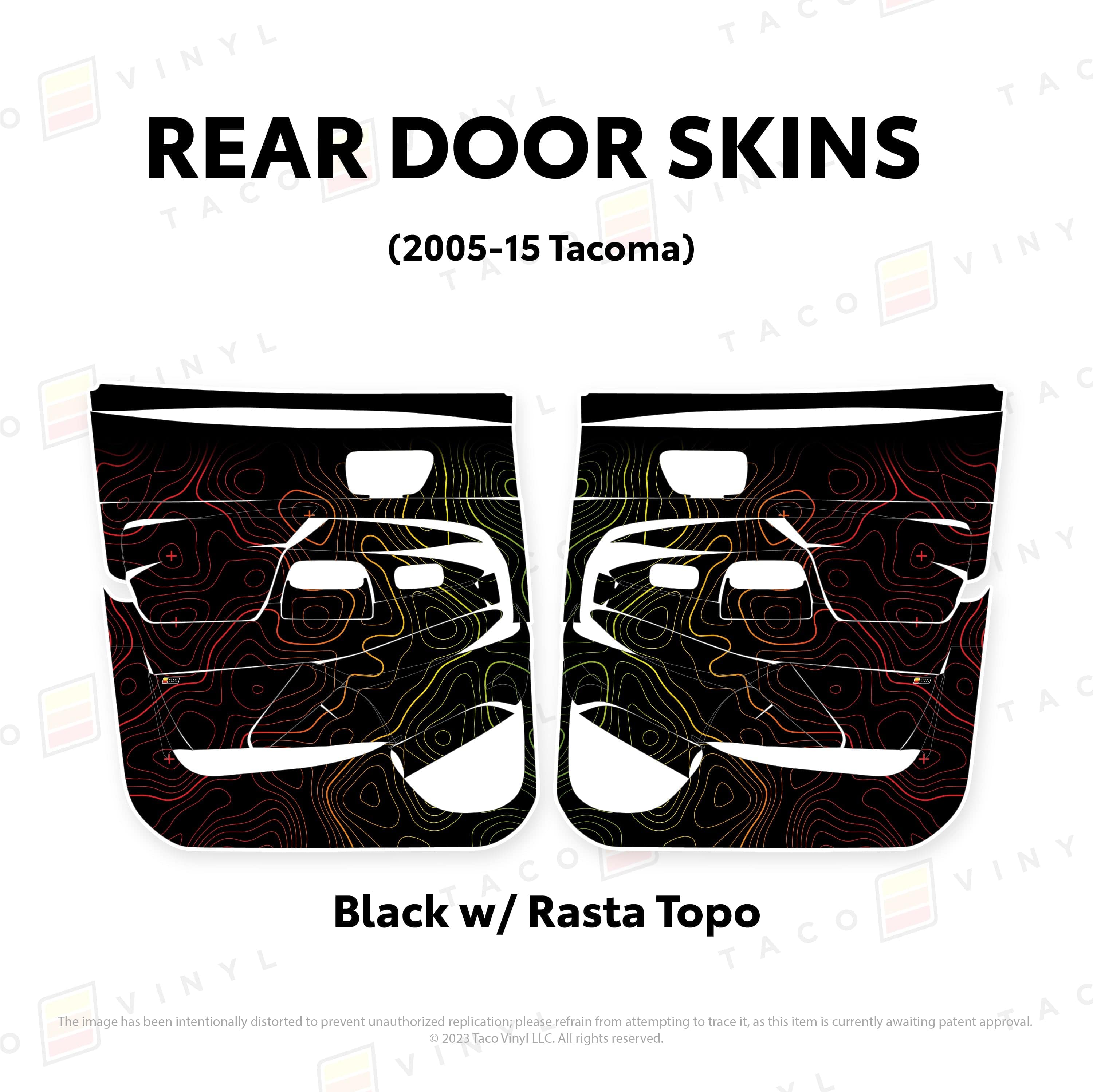 Taco Vinyl Protective Vinyl Rear Driver/Passenger / Black w/Rasta Scheme Topo 2005-15 Tacoma Door Skins