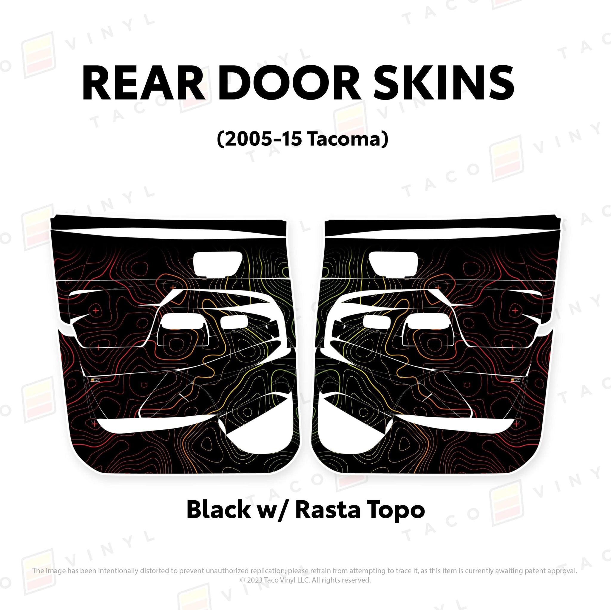 Taco Vinyl Protective Vinyl Rear Driver/Passenger / Black w/Rasta Scheme Topo 2005-15 Tacoma Door Skins