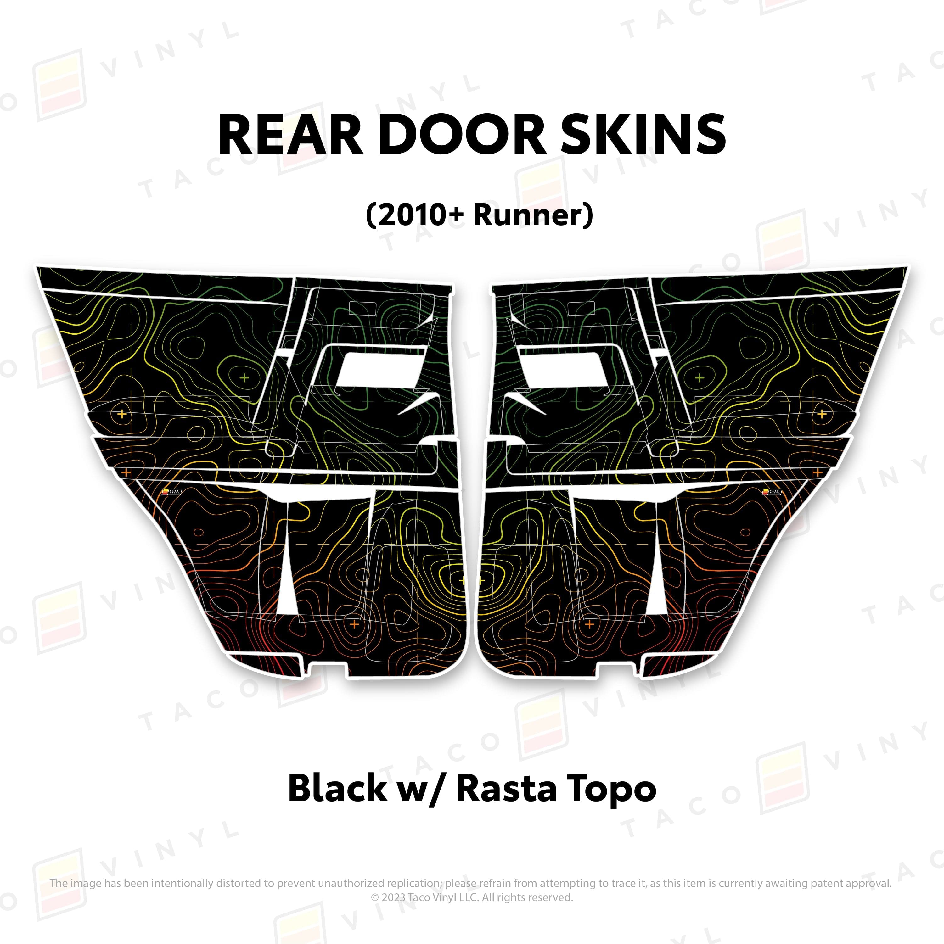 Taco Vinyl Protective Vinyl Rear Driver/Passenger / Black w/Rasta Scheme Topo 2010-24 4Runner Door Skins